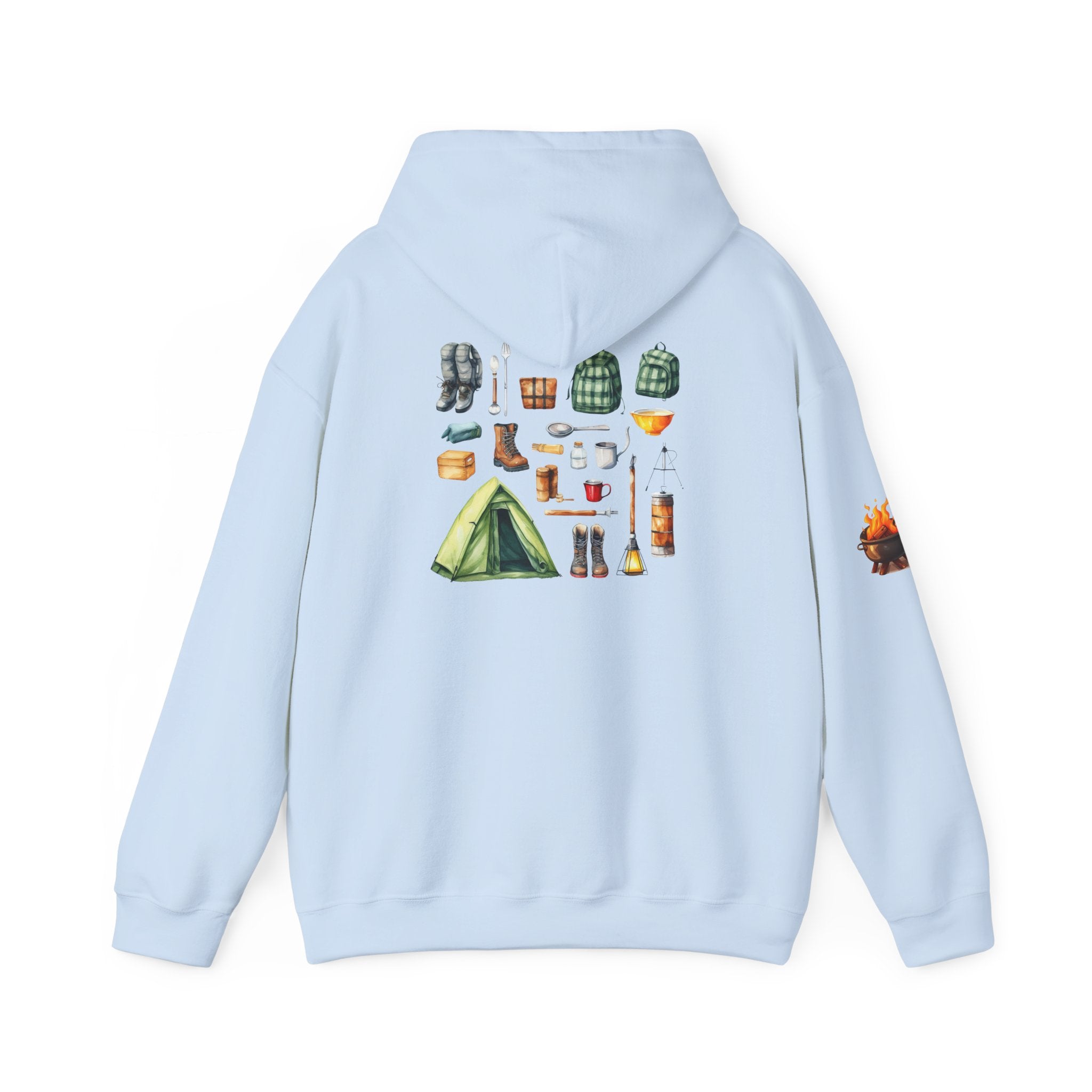 Camping Gear Hoodie  Tent, Boots, Lantern, Campfire Illustration