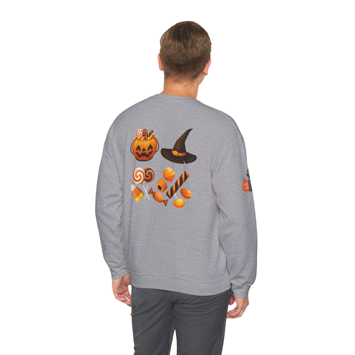 Halloween Candy Crewneck Sweatshirt — 'Happy Halloween' Jack-o'-Lantern & Candy Design