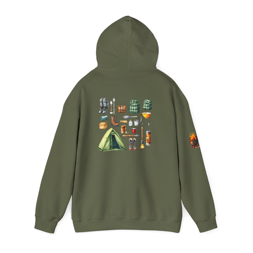 Camping Gear Hoodie  Tent, Boots, Lantern, Campfire Illustration