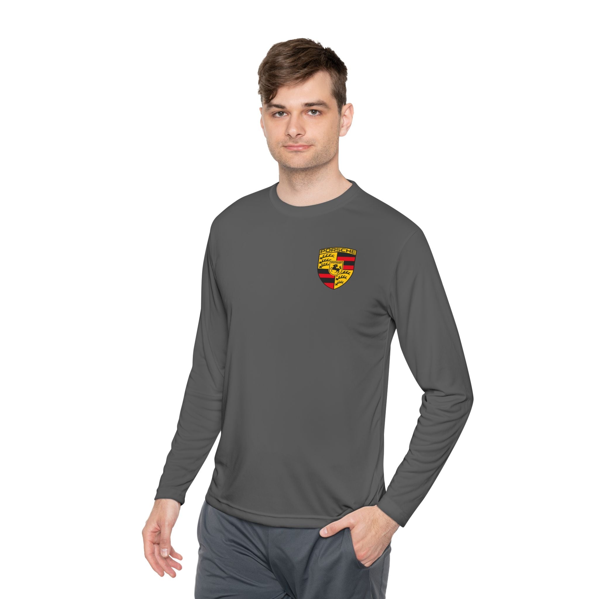 Porsche Racing Graphic Long Sleeve Tee Sports Car Crest and Rear View Print