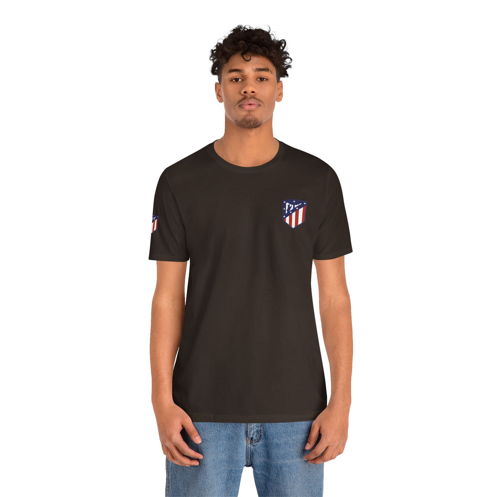 Atletico Madrid Shield T-Shirt Front Chest & Sleeve Logo Soccer Tee