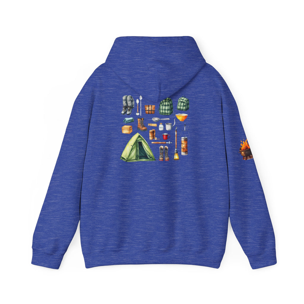 Camping Gear Hoodie  Tent, Boots, Lantern, Campfire Illustration