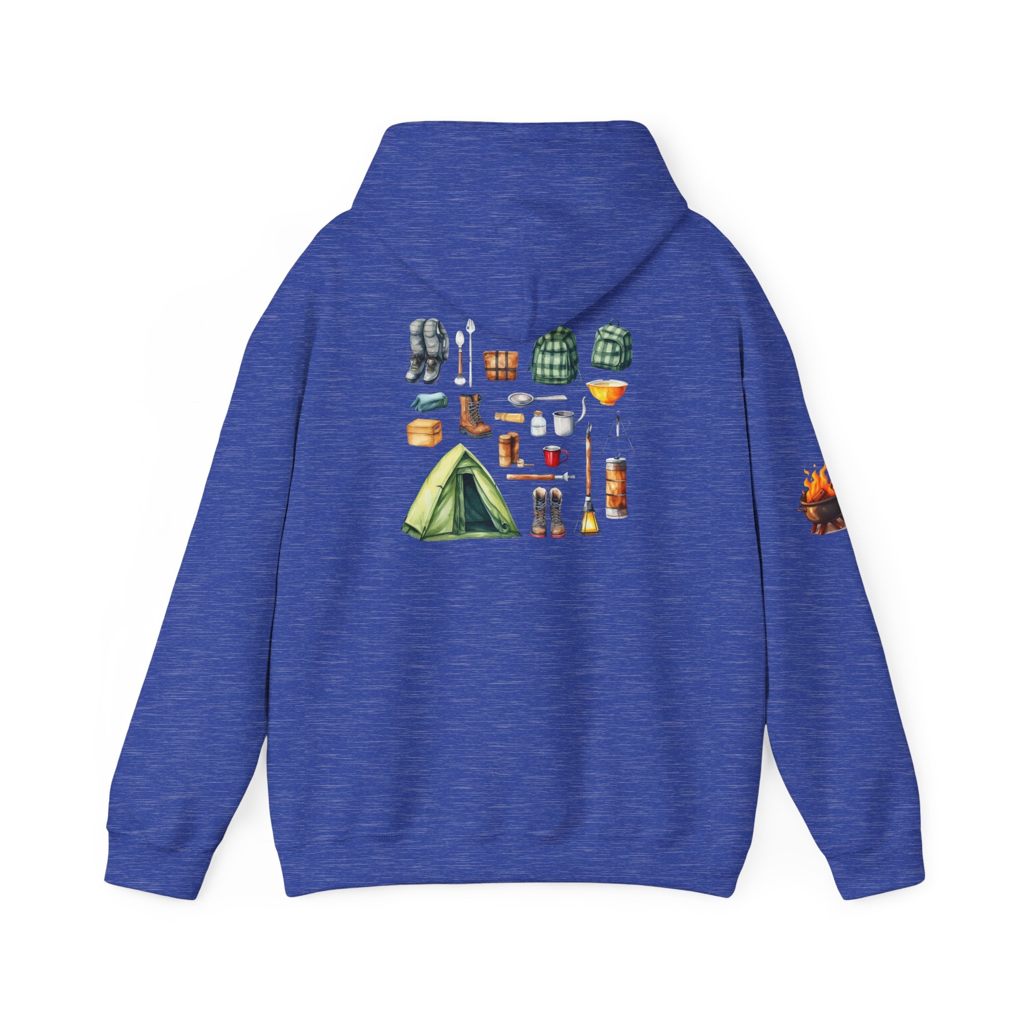 Camping Gear Hoodie  Tent, Boots, Lantern, Campfire Illustration