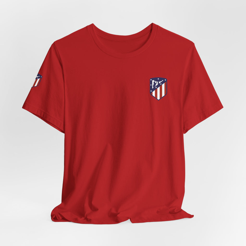 Atletico Madrid Shield T-Shirt Front Chest & Sleeve Logo Soccer Tee