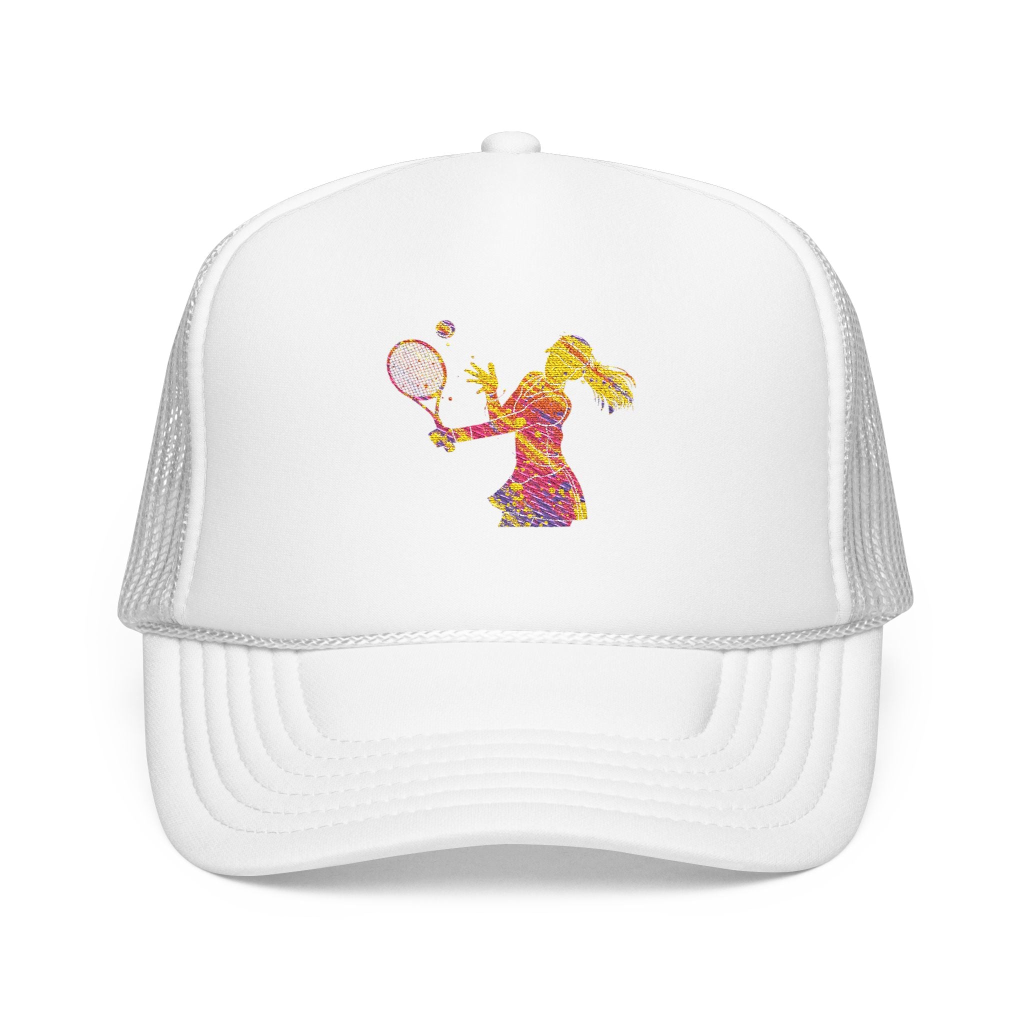Embroidered Colorful Tennis Player Foam Trucker Hat Sporty Retro Mesh Cap