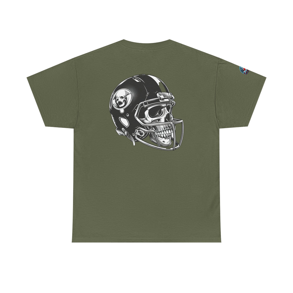 Skull Helmet Football Tee — Grunge Athletic Graphic T‑Shirt