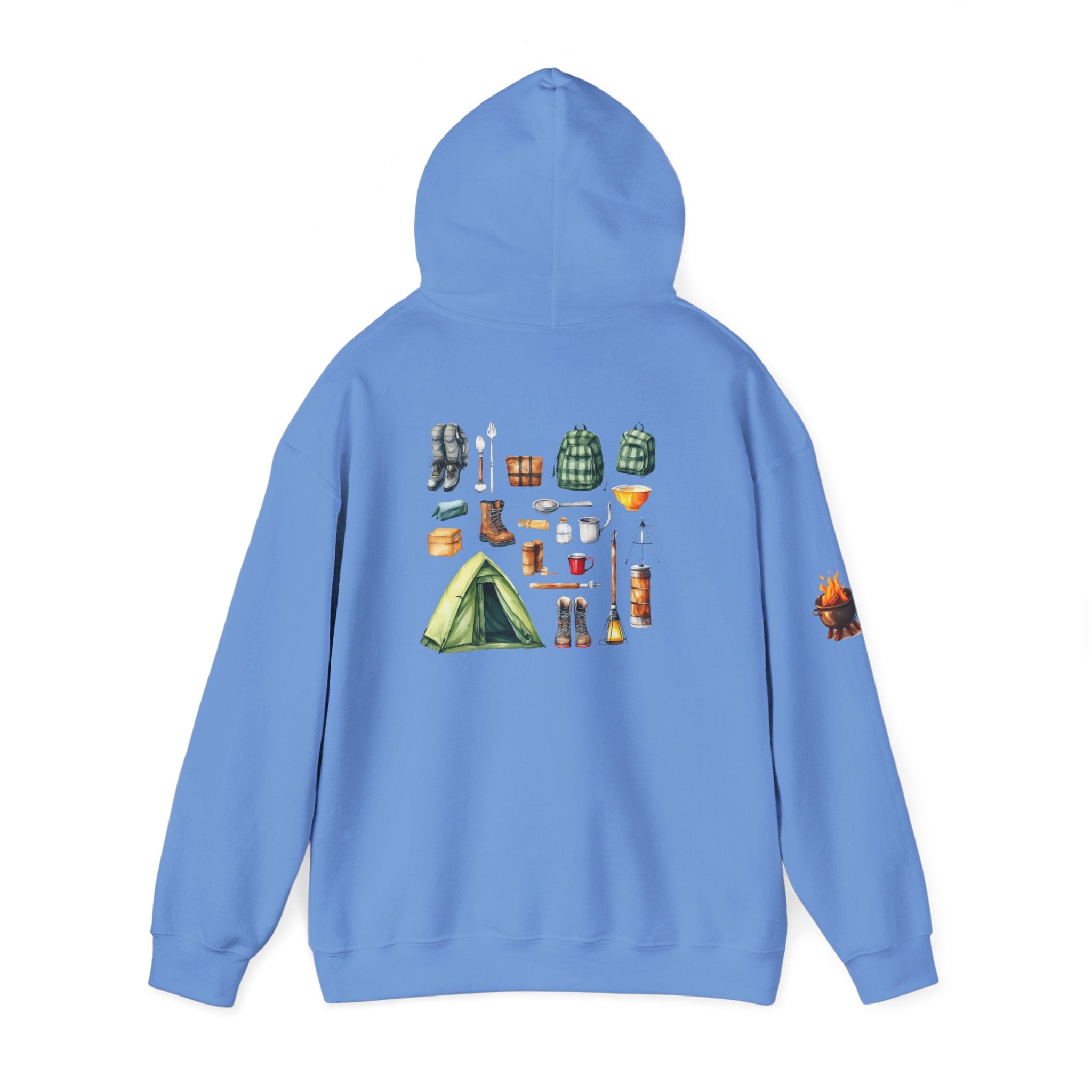Camping Gear Hoodie  Tent, Boots, Lantern, Campfire Illustration