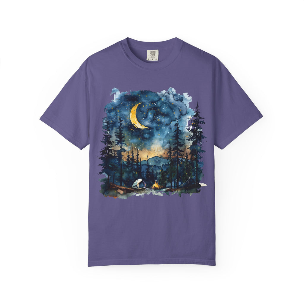 Moonlit Campsite T-shirt | Forest Night Sky, Crescent Moon
