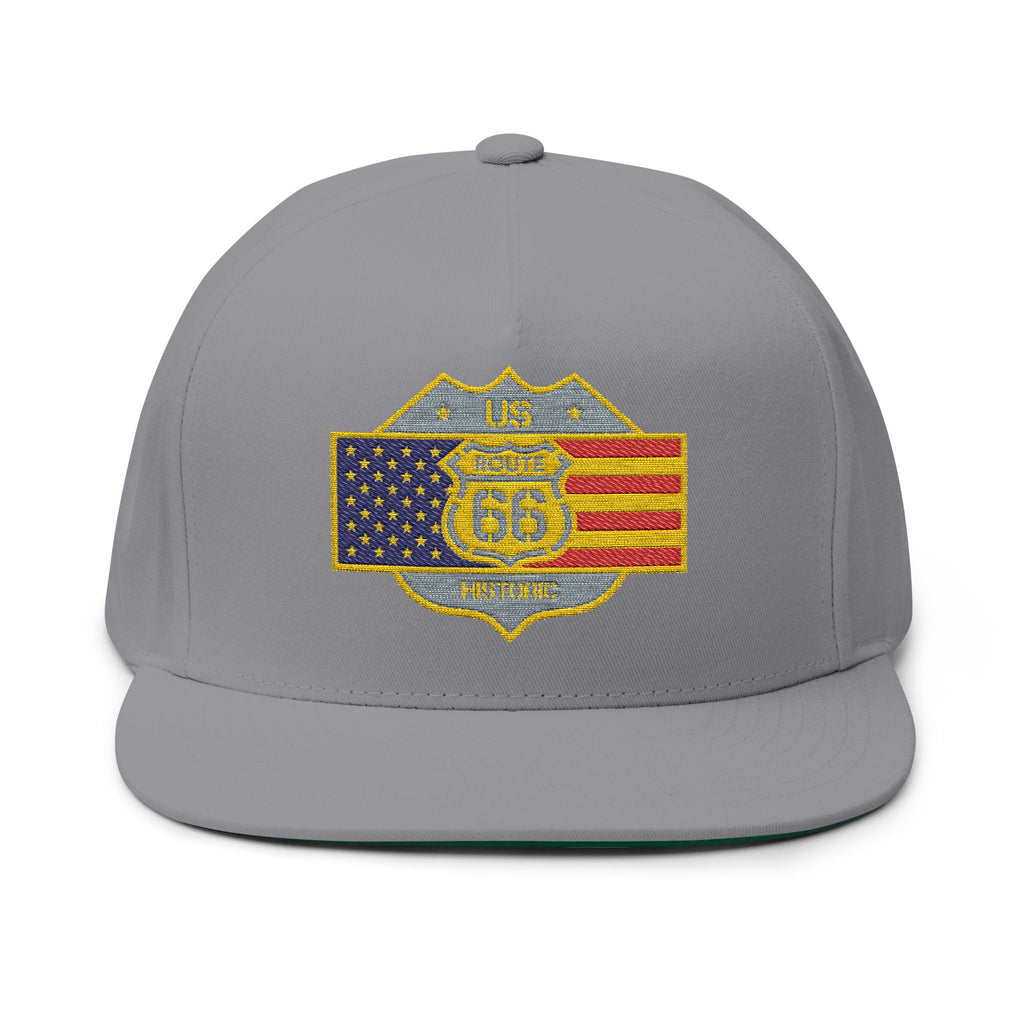 American Flag Route 66 Embroidered Flat Bill Cap