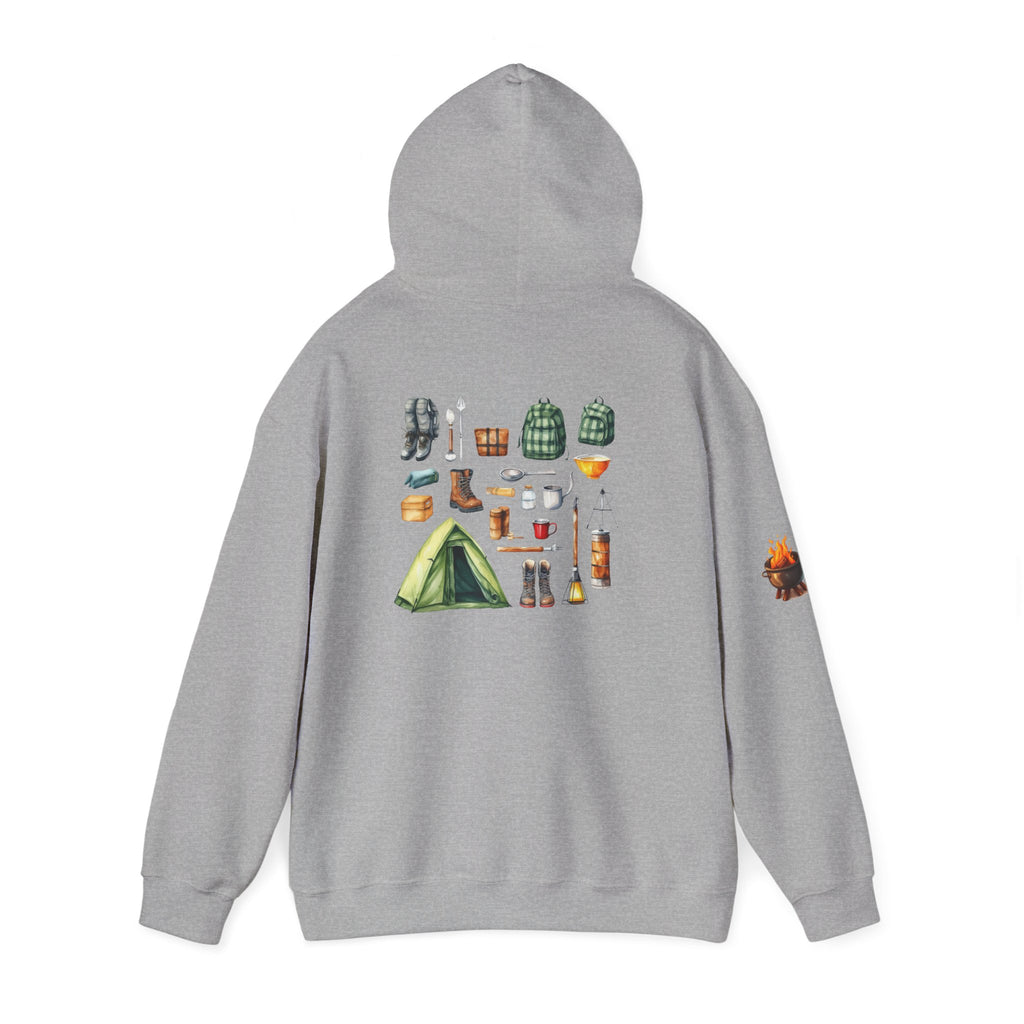 Camping Gear Hoodie  Tent, Boots, Lantern, Campfire Illustration