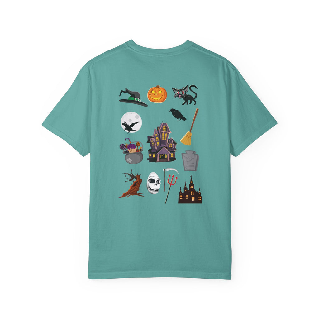 Halloween Icons T-Shirt — "Happy Halloween" Graphic Tee with Spooky Back Illustrations