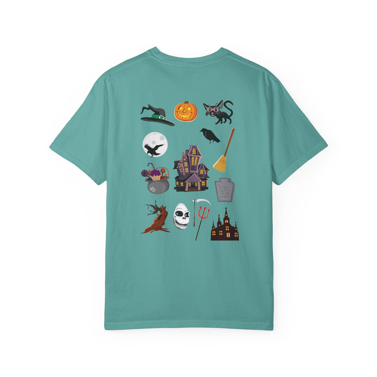 Halloween Icons T-Shirt — "Happy Halloween" Graphic Tee with Spooky Back Illustrations