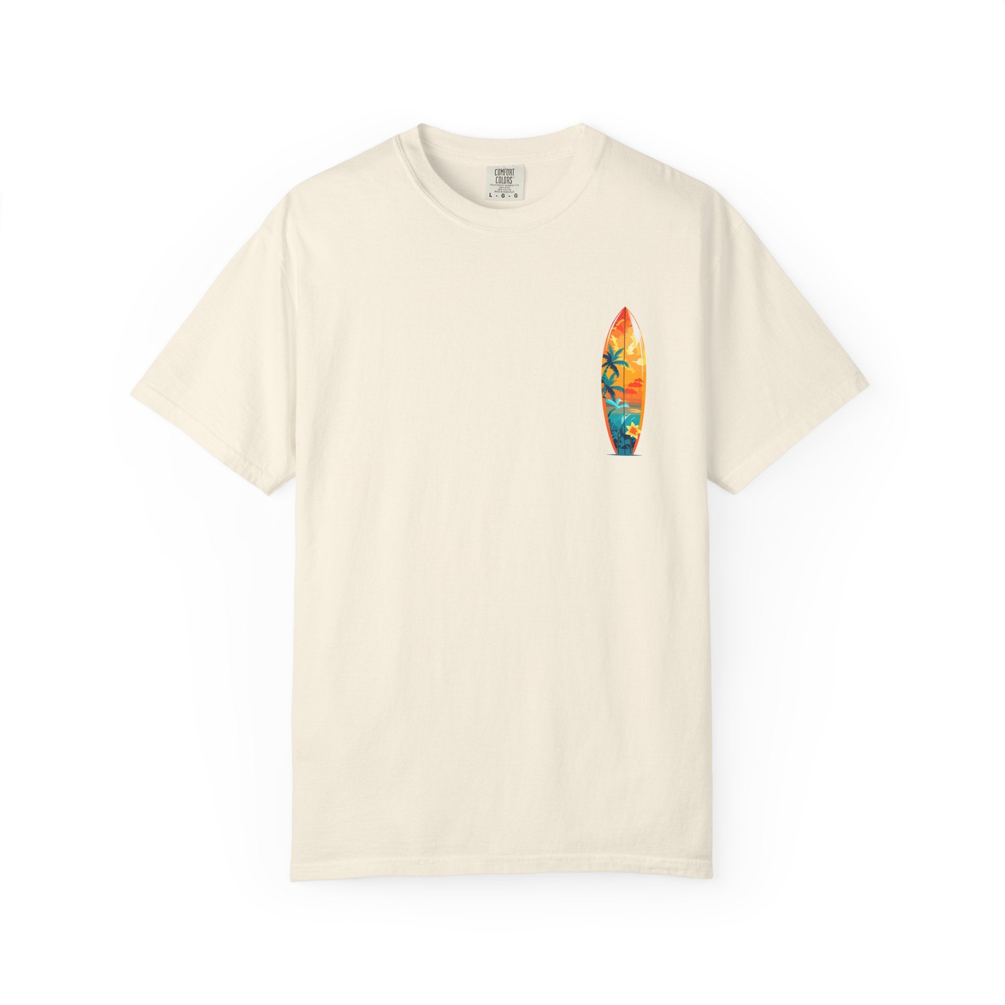 Surfing Tropical Board T-Shirt Beach Vibes Tee with Colorful Surfboard Design