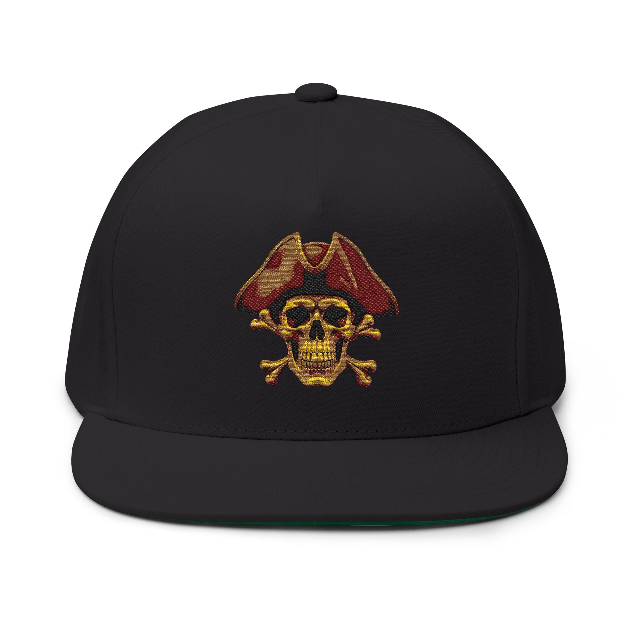 Embroidered Pirate Skull Flat Bill Cap  Gold Skull & Tricorn Hat Snapback