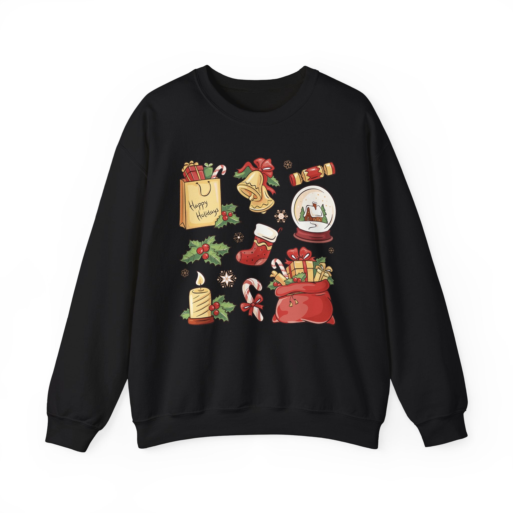 Christmas Icons collage Sweatshirt | holiday presents bell stocking snow globe