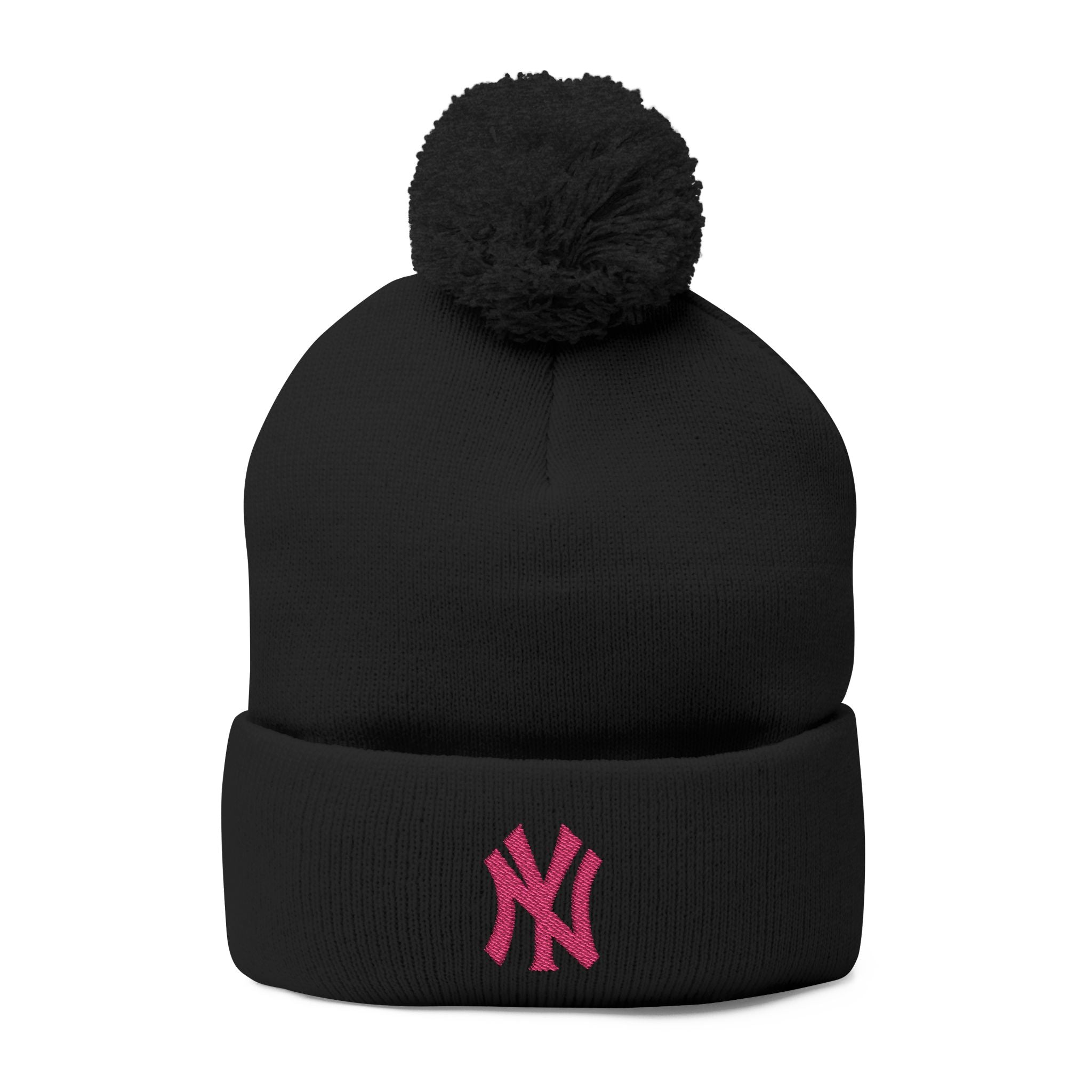 Embroidered Pom-Pom Knit Beanie — Grey Winter Hat with Pink NY Logo