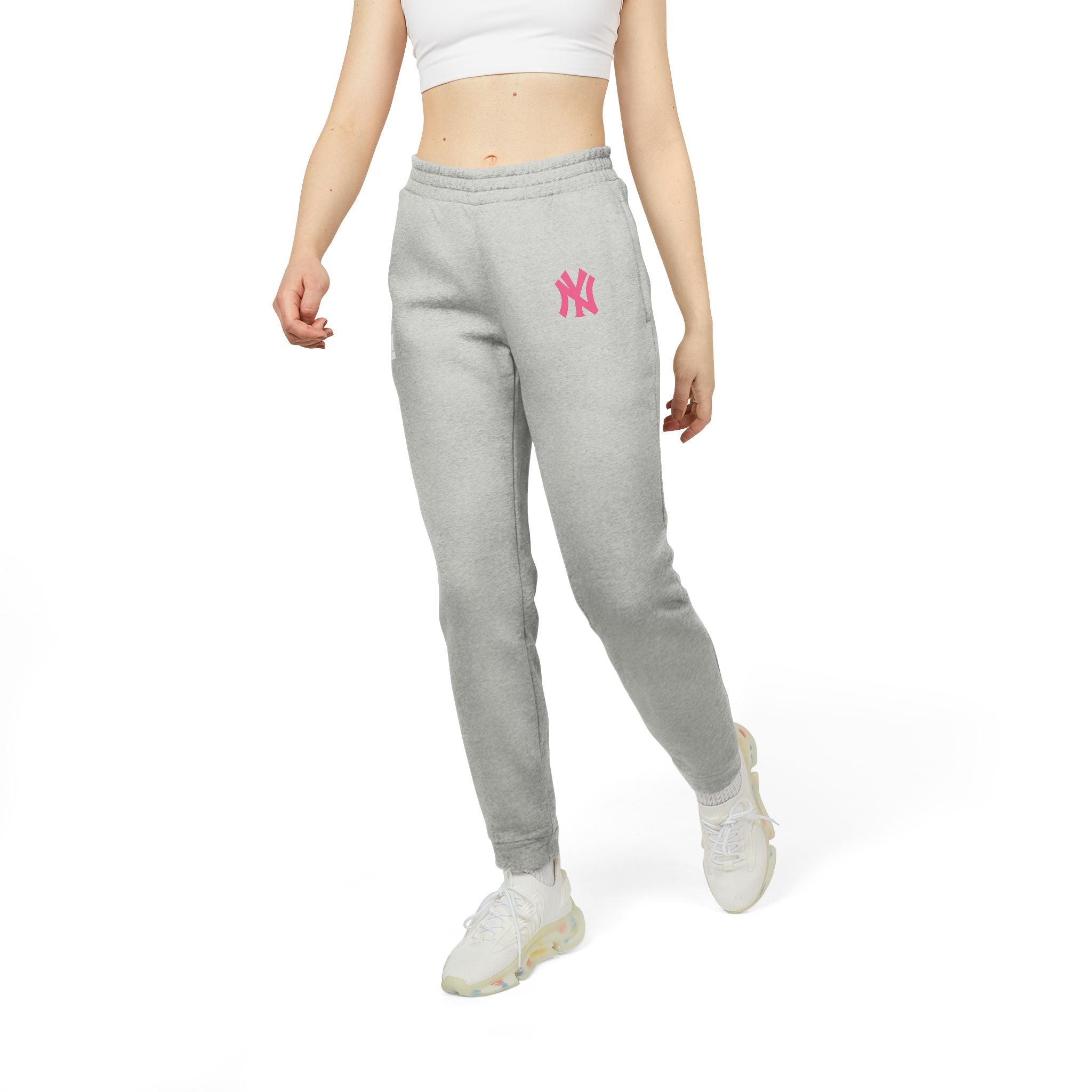 Adidas Fleece Joggers Cozy Grey Sweatpants with Pink Logo