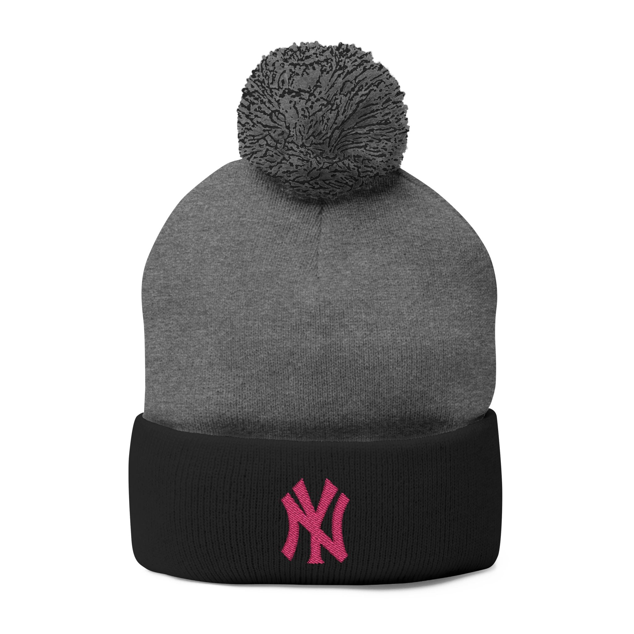Embroidered Pom-Pom Knit Beanie — Grey Winter Hat with Pink NY Logo