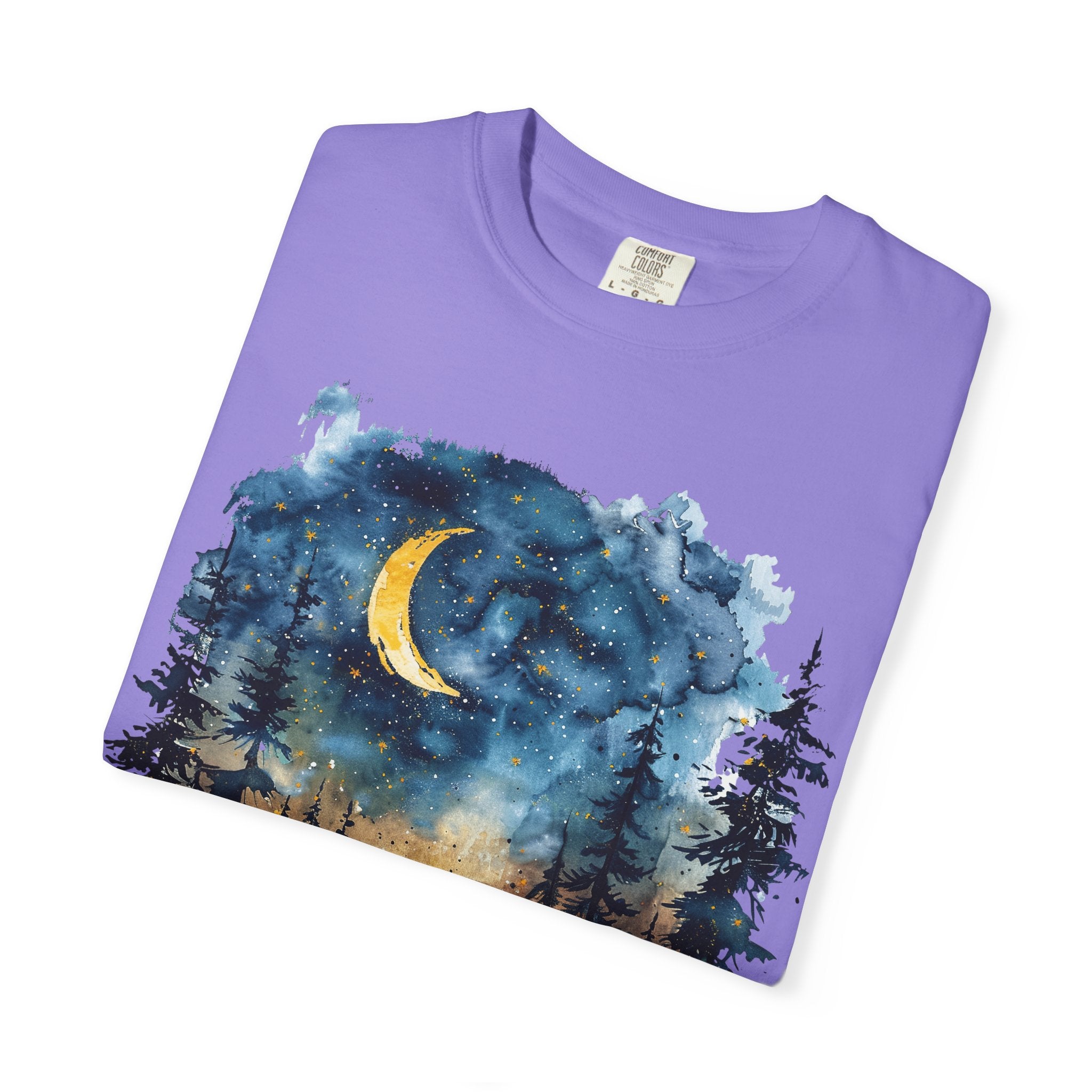 Moonlit Campsite T-shirt | Forest Night Sky, Crescent Moon