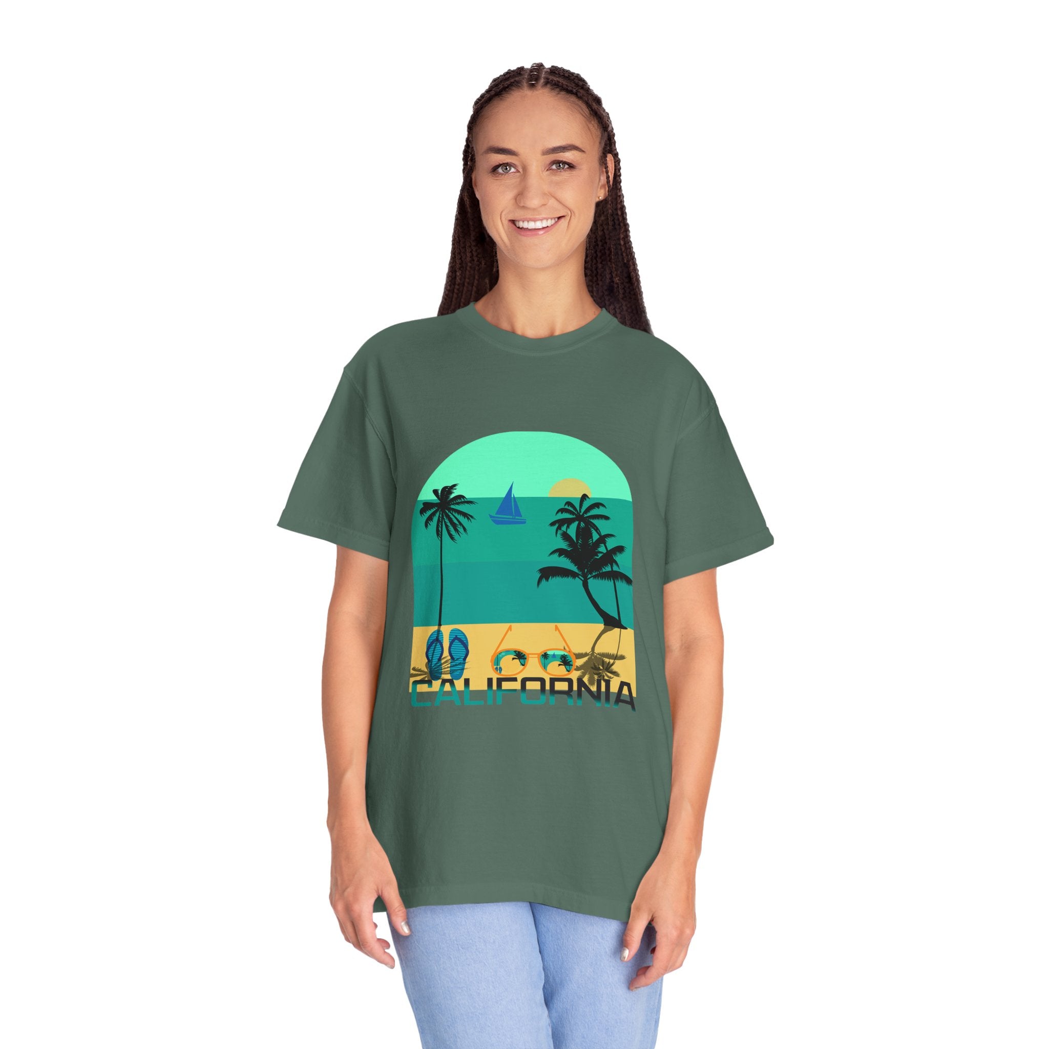 California Beach Surf T-Shirt  Retro Palm Trees & ‘SURFING’ Graphic