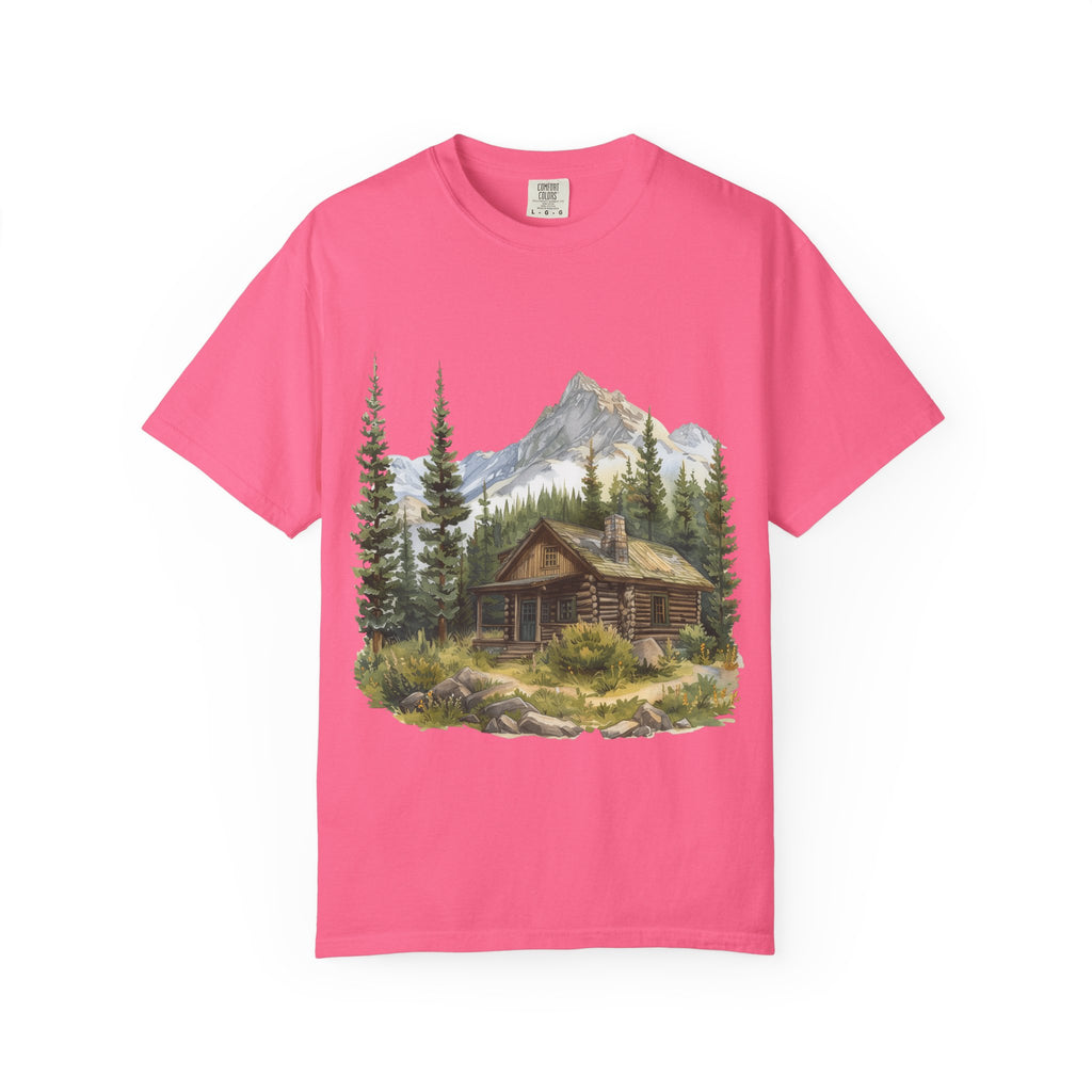 Mountain Log Cabin Illustration T-Shirt | Rustic Nature Scene