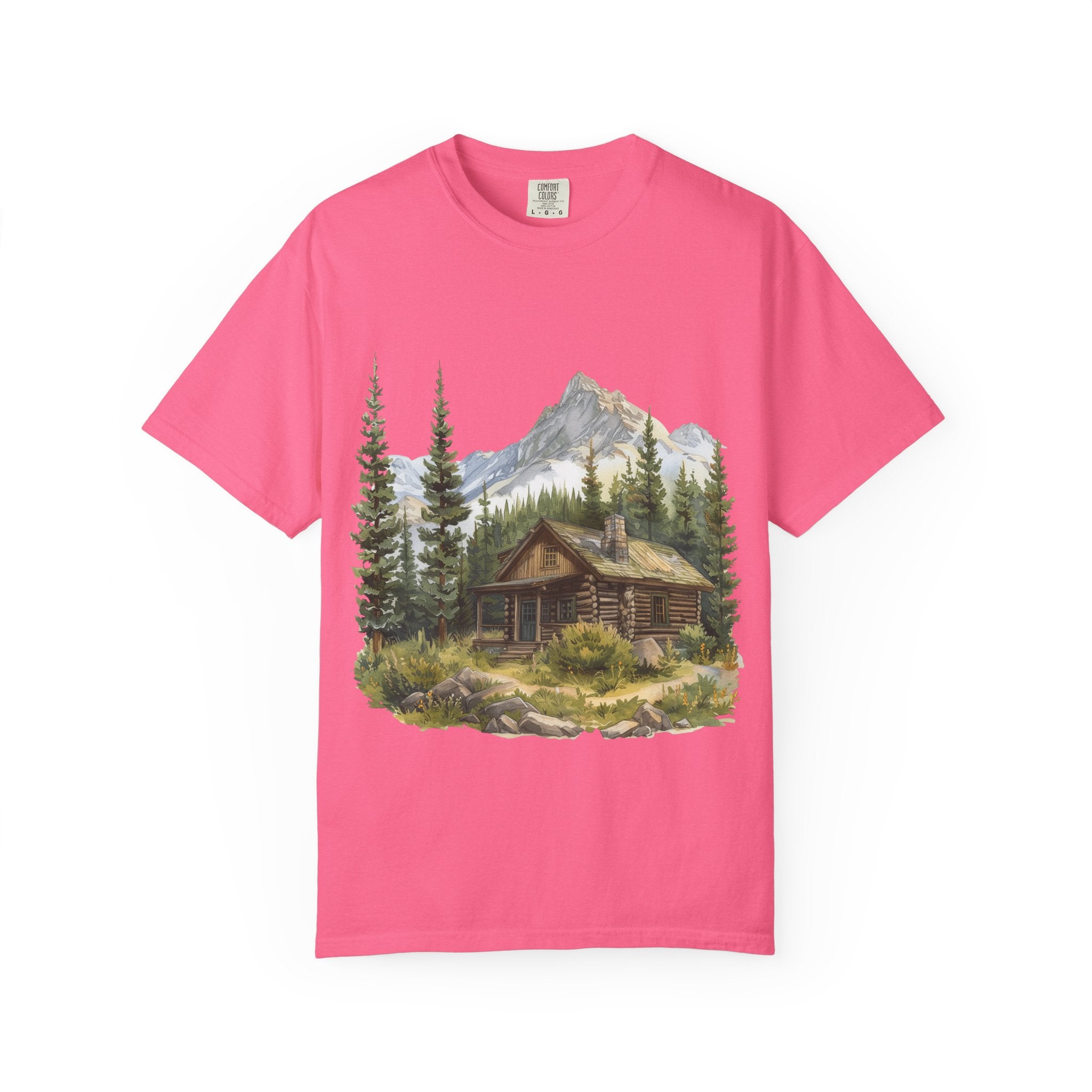 Mountain Log Cabin Illustration T-Shirt | Rustic Nature Scene