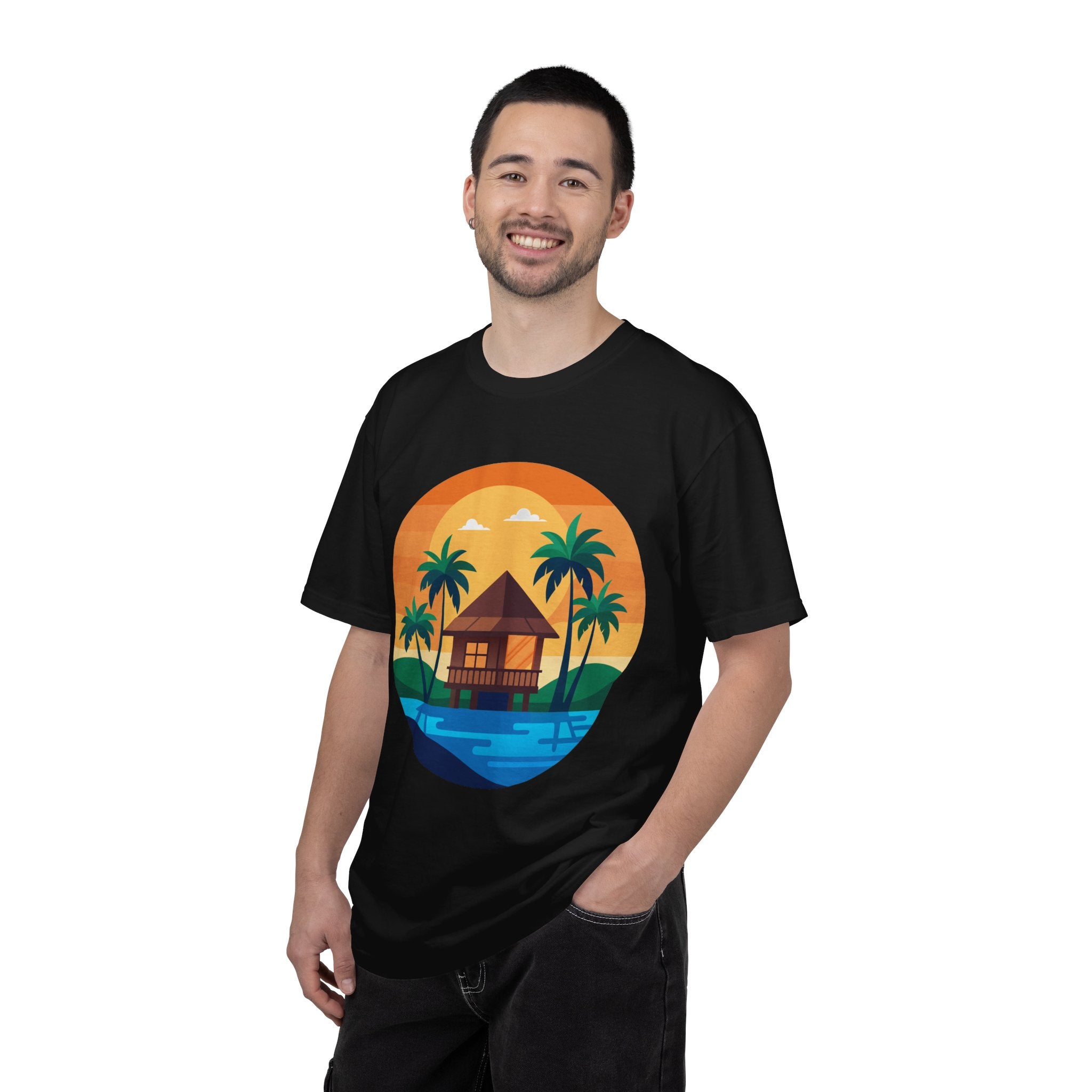 Tropical Beach Hut T-shirt | Sunset Palm Island Circle Design