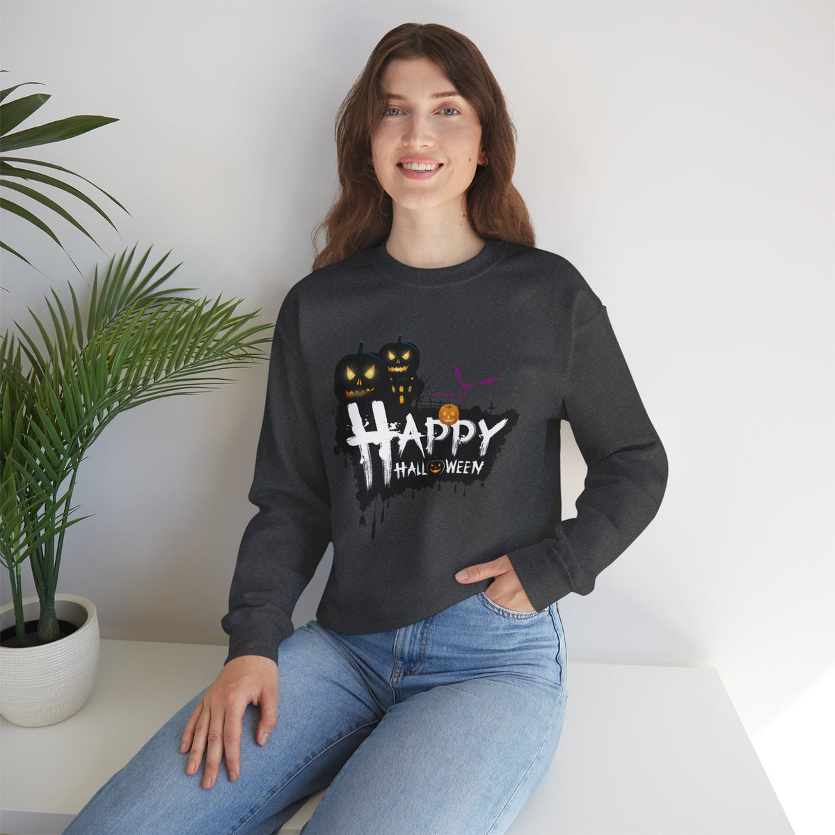 Halloween Pumpkin Crewneck Sweatshirt — "Happy Halloween" Graphic