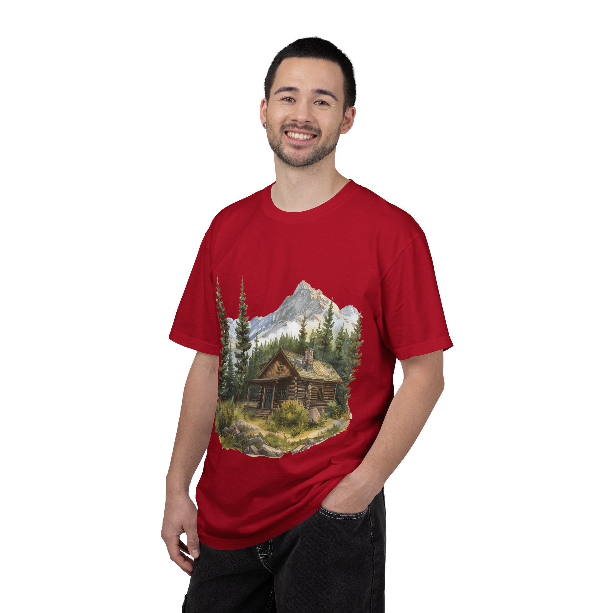 Mountain Log Cabin Illustration T-Shirt | Rustic Nature Scene