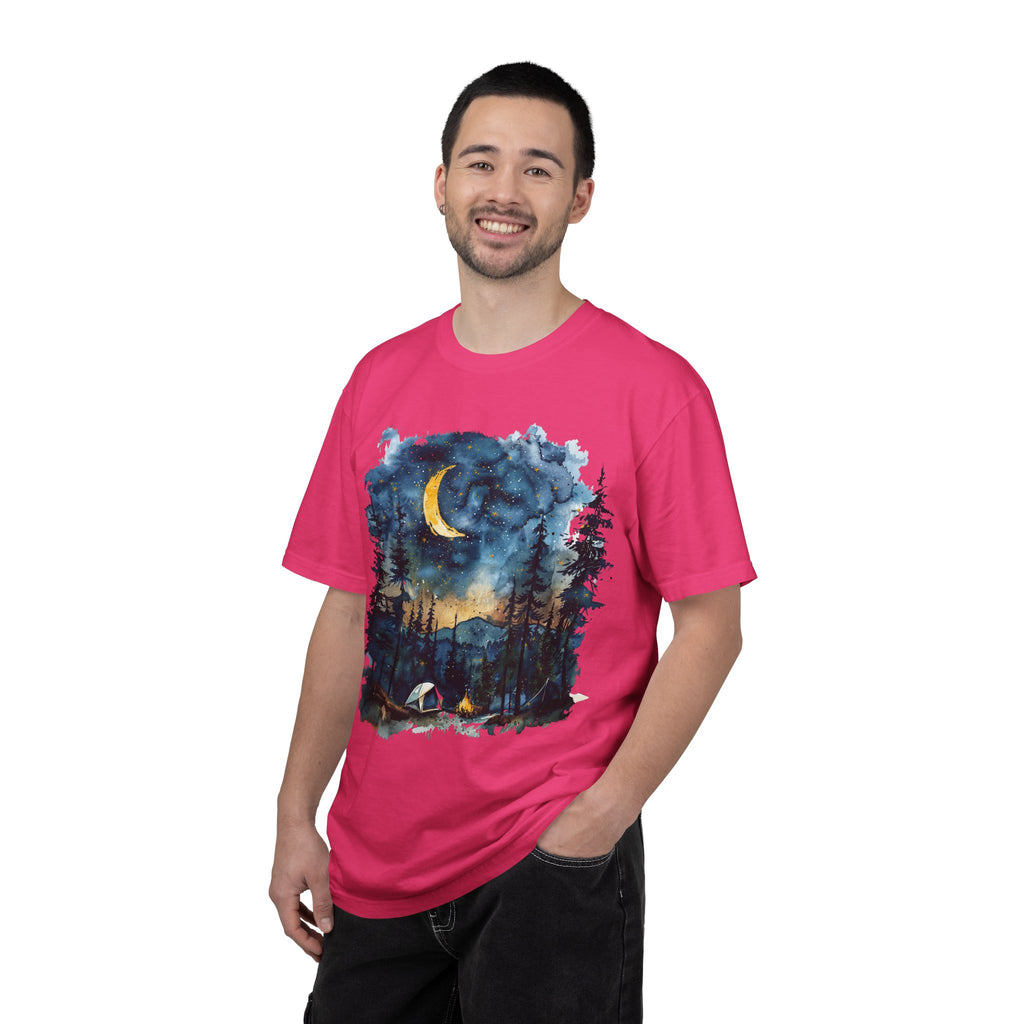 Moonlit Campsite T-shirt | Forest Night Sky, Crescent Moon