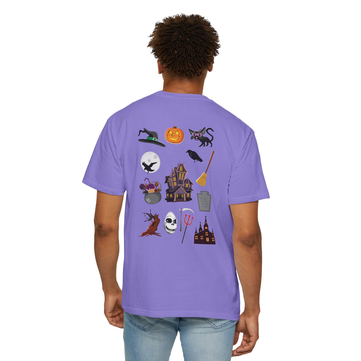 Halloween Icons T-Shirt — "Happy Halloween" Graphic Tee with Spooky Back Illustrations