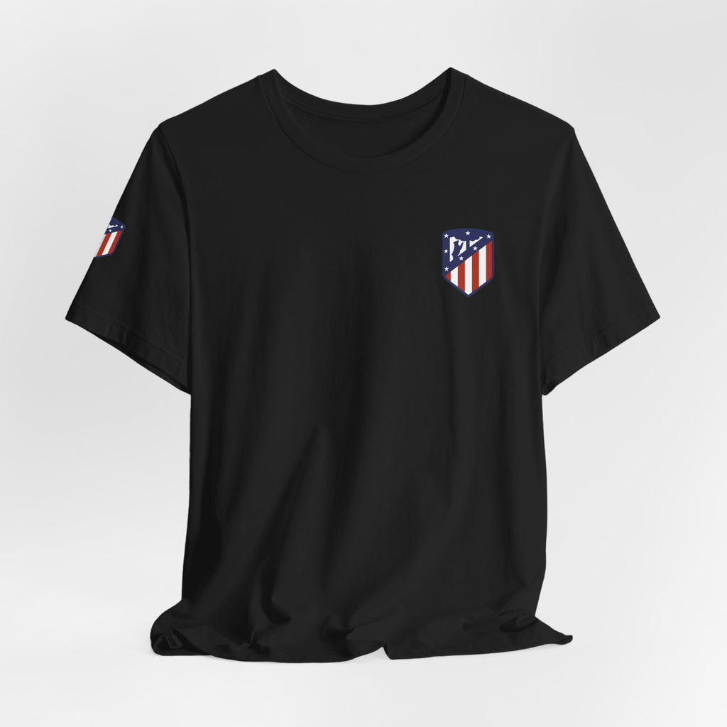 Atletico Madrid Shield T-Shirt Front Chest & Sleeve Logo Soccer Tee