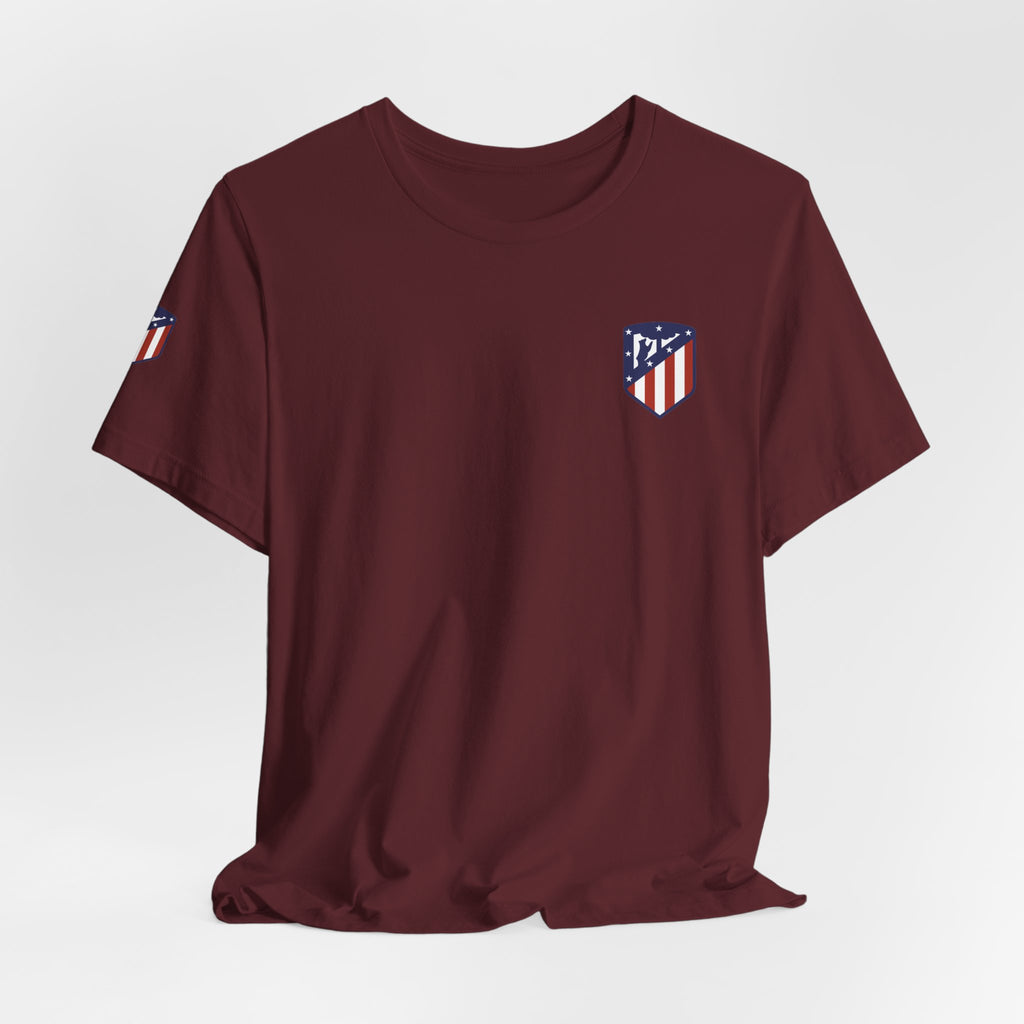 Atletico Madrid Shield T-Shirt Front Chest & Sleeve Logo Soccer Tee