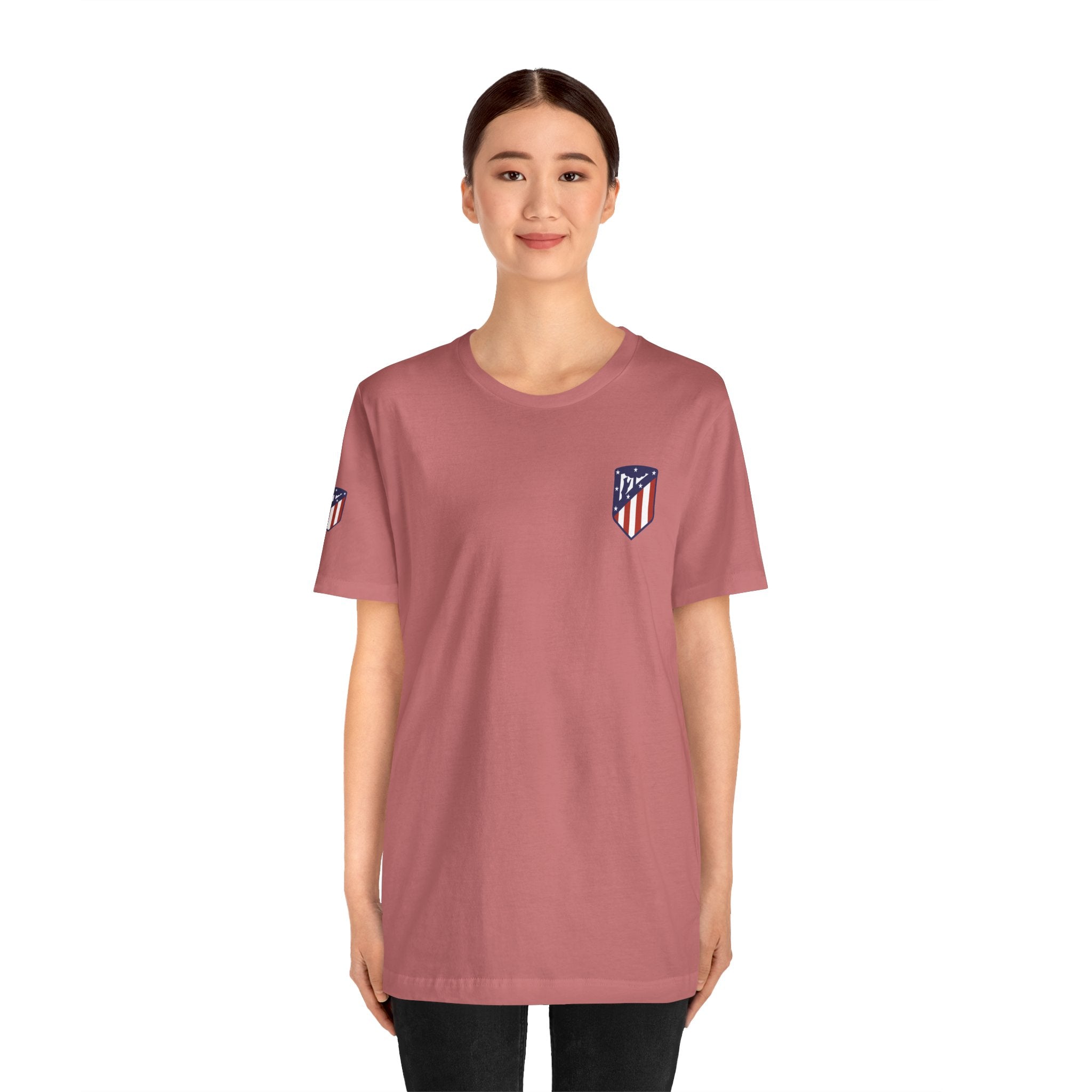 Atletico Madrid Shield T-Shirt Front Chest & Sleeve Logo Soccer Tee