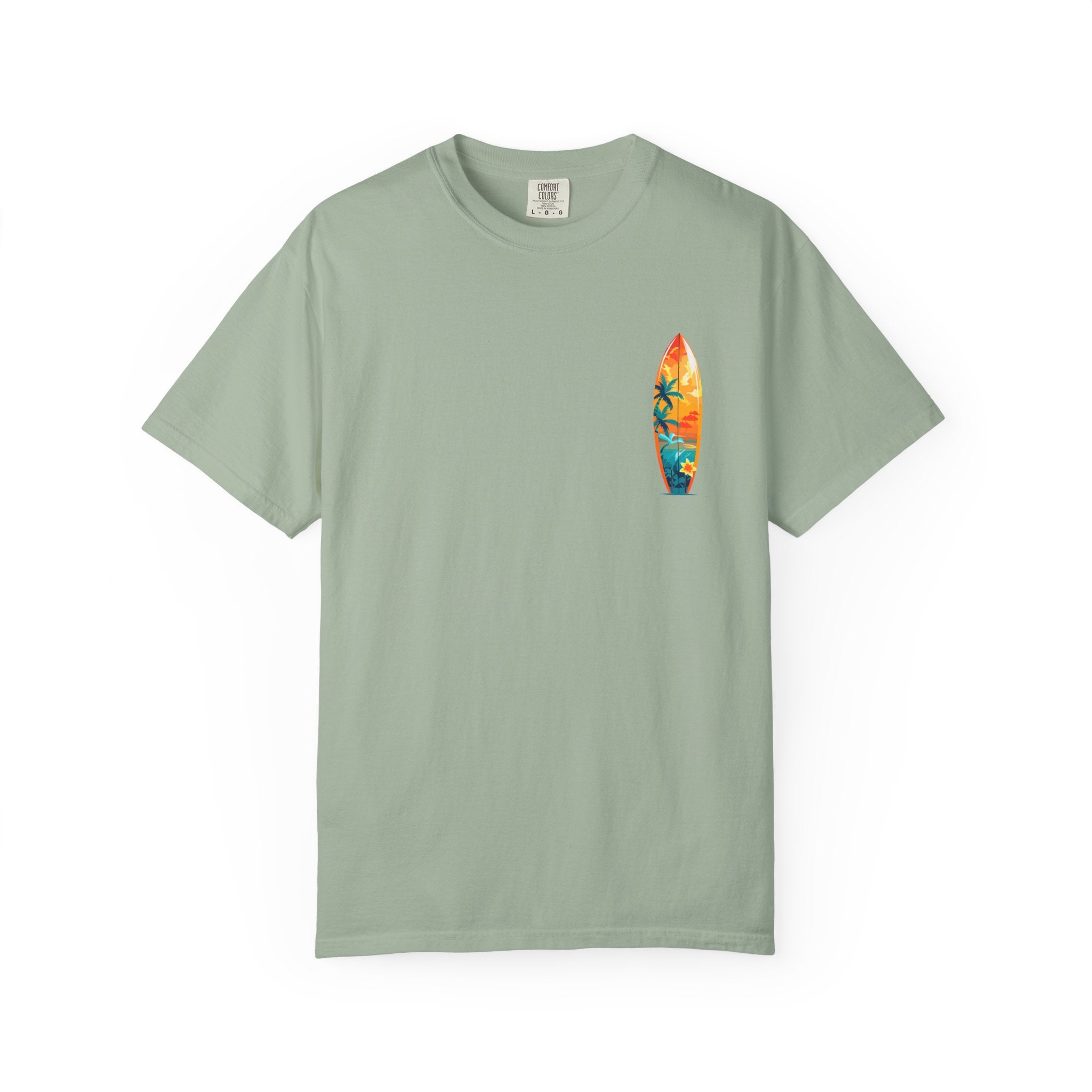 Surfing Tropical Board T-Shirt Beach Vibes Tee with Colorful Surfboard Design