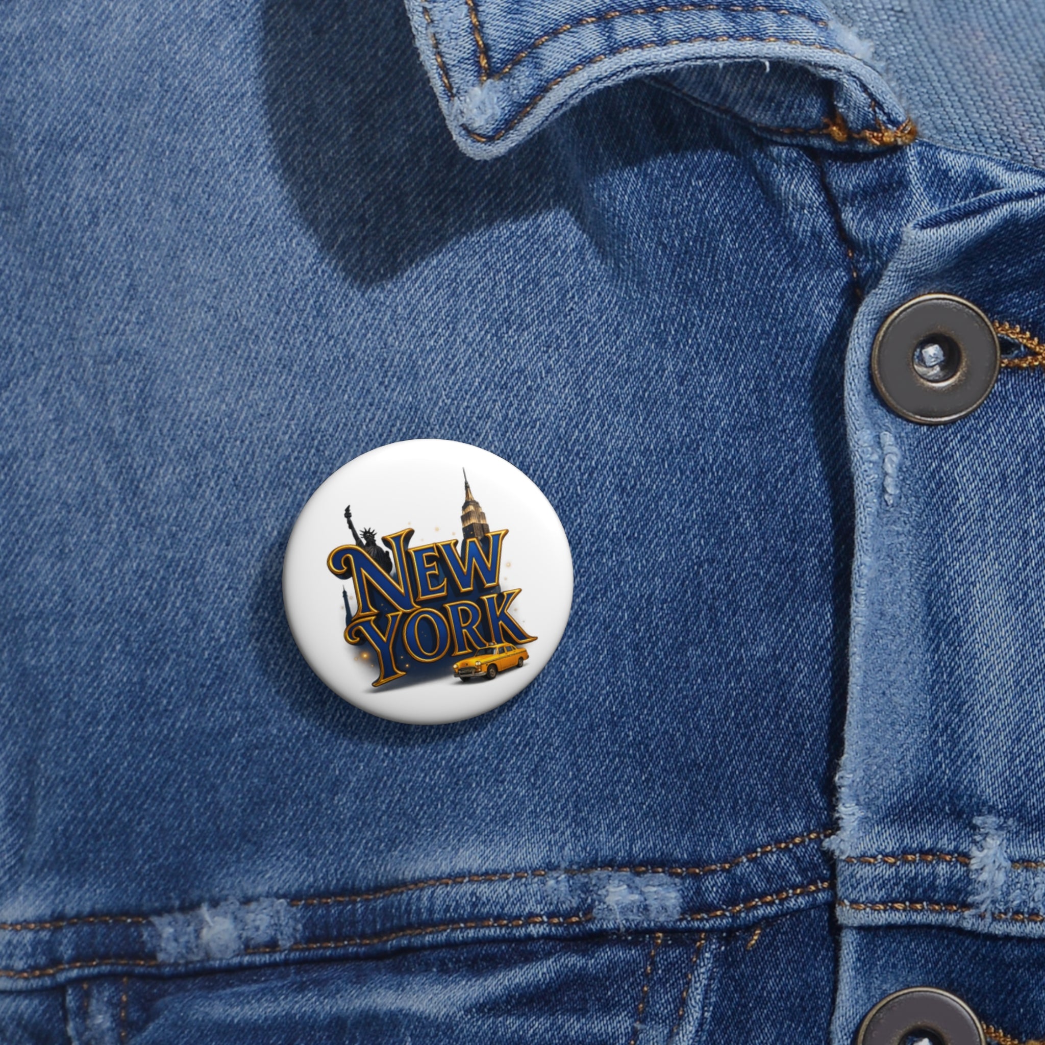 New York City Pin Button — Retro Taxi & Skyline Souvenir Button