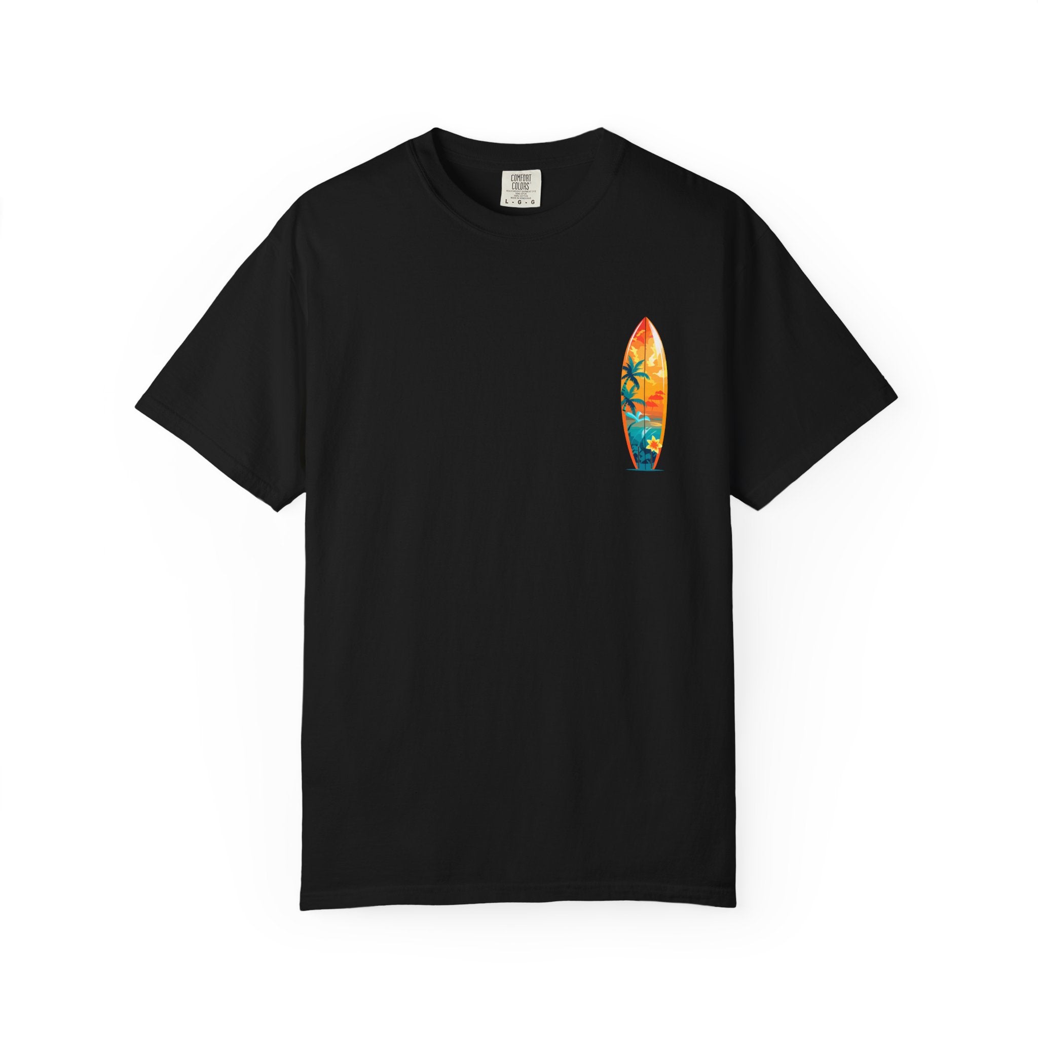 Surfing Tropical Board T-Shirt Beach Vibes Tee with Colorful Surfboard Design