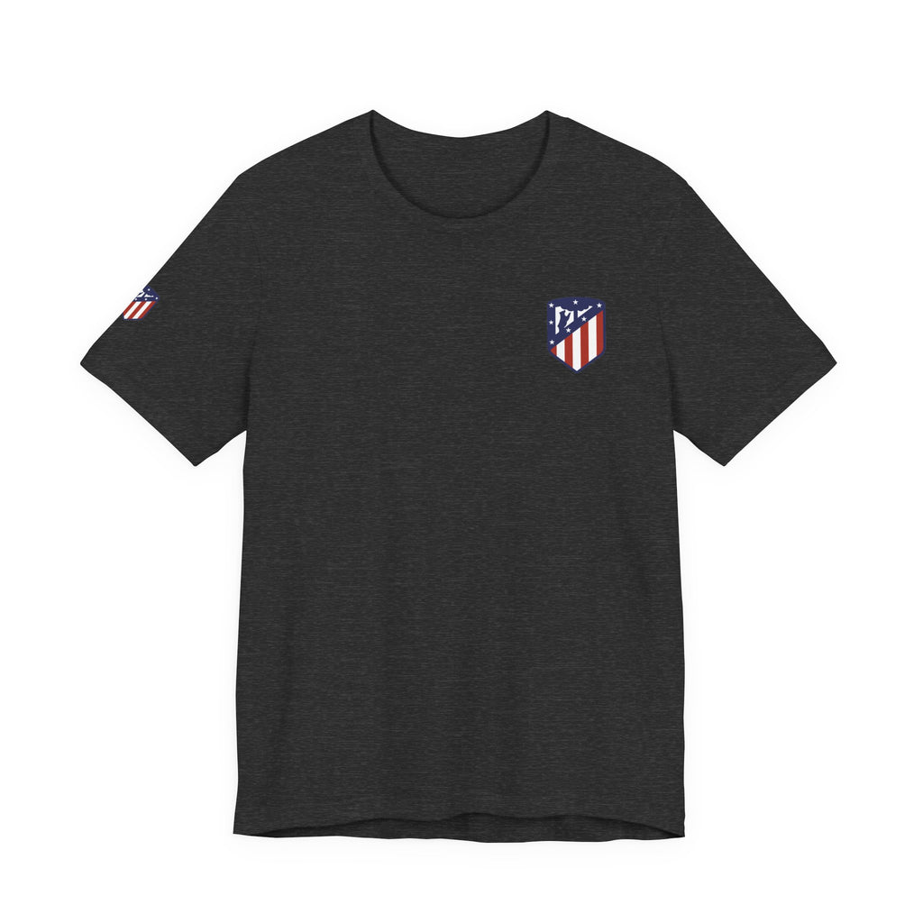 Atletico Madrid Shield T-Shirt Front Chest & Sleeve Logo Soccer Tee
