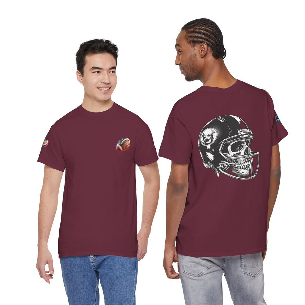 Skull Helmet Football Tee — Grunge Athletic Graphic T‑Shirt