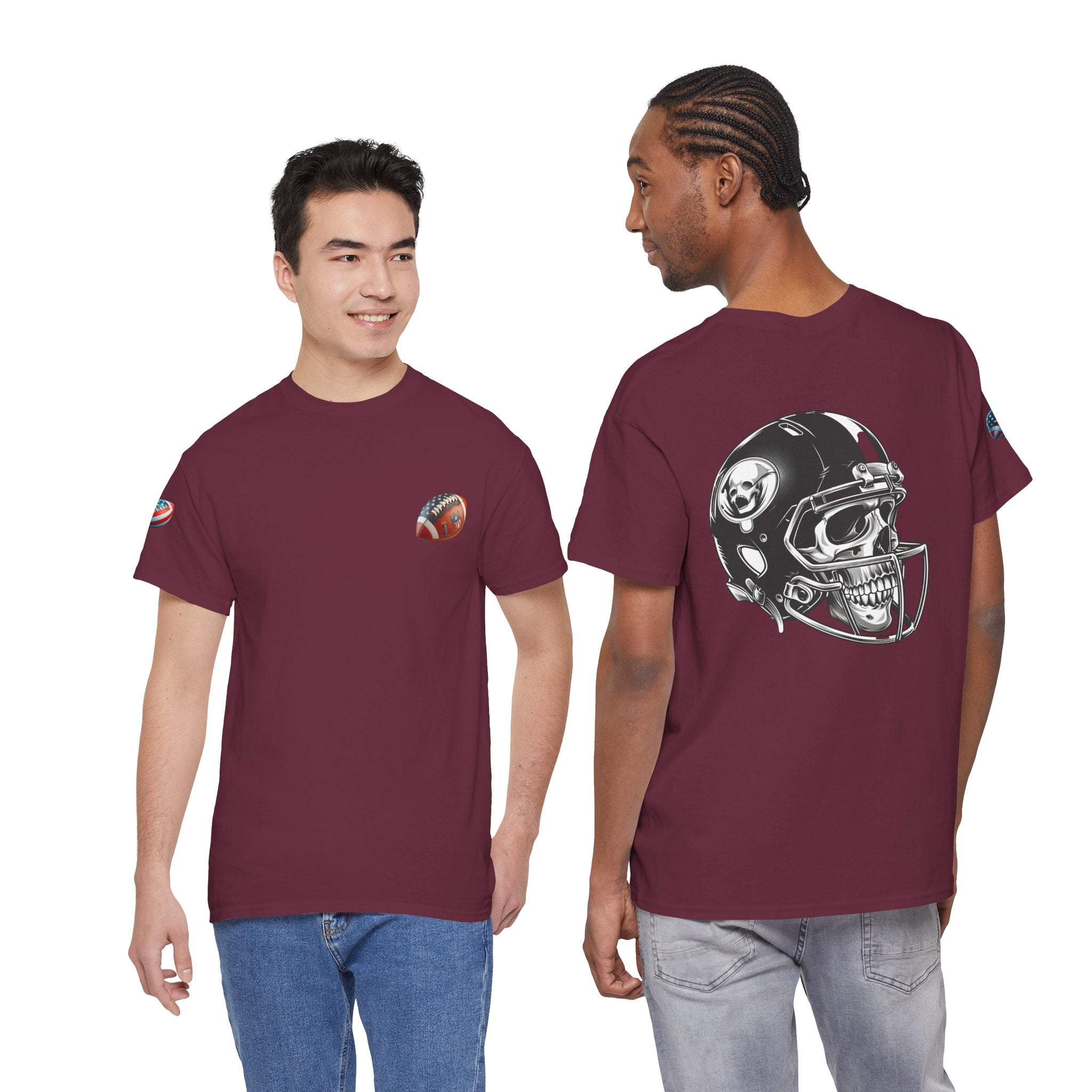 Skull Helmet Football Tee — Grunge Athletic Graphic T‑Shirt