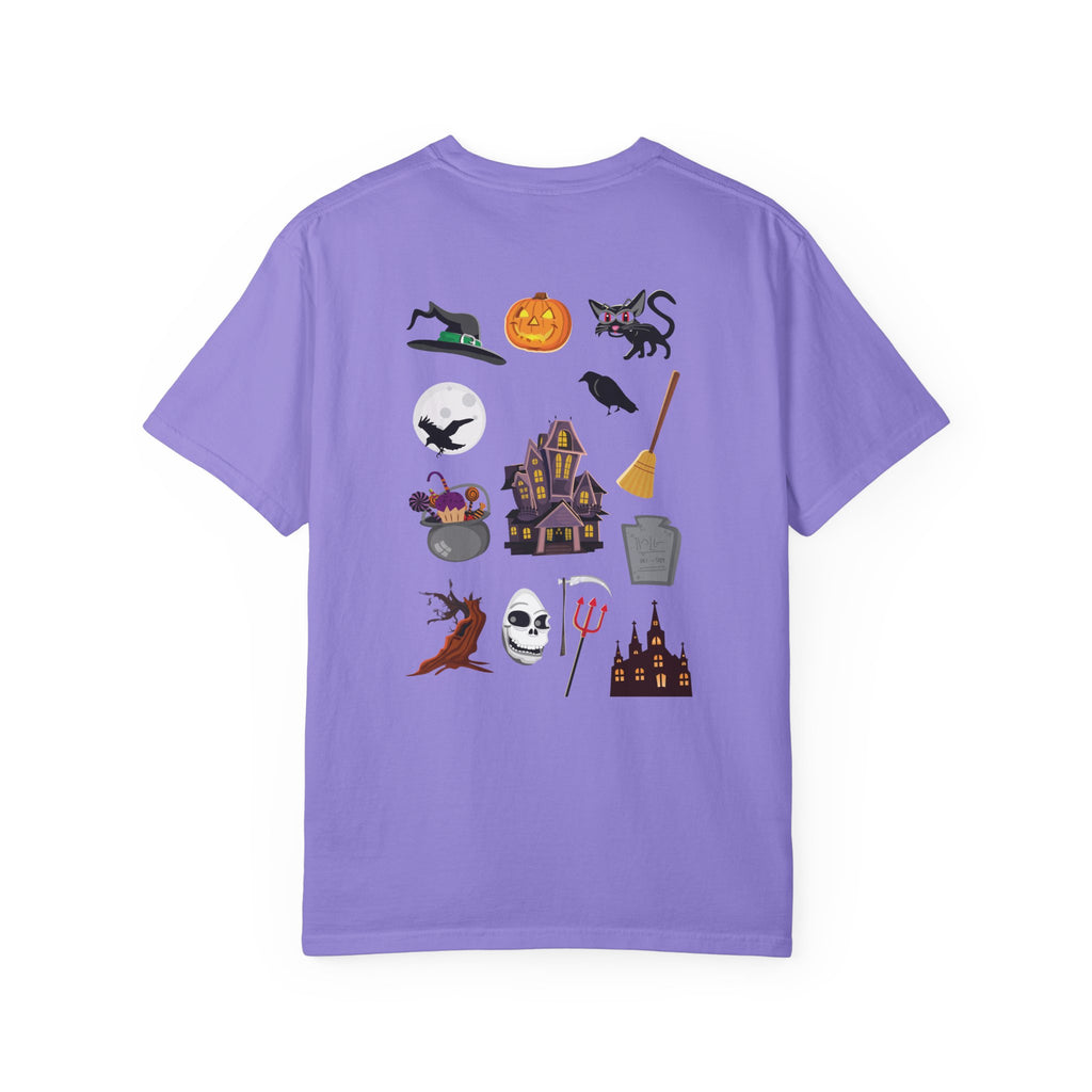 Halloween Icons T-Shirt — "Happy Halloween" Graphic Tee with Spooky Back Illustrations