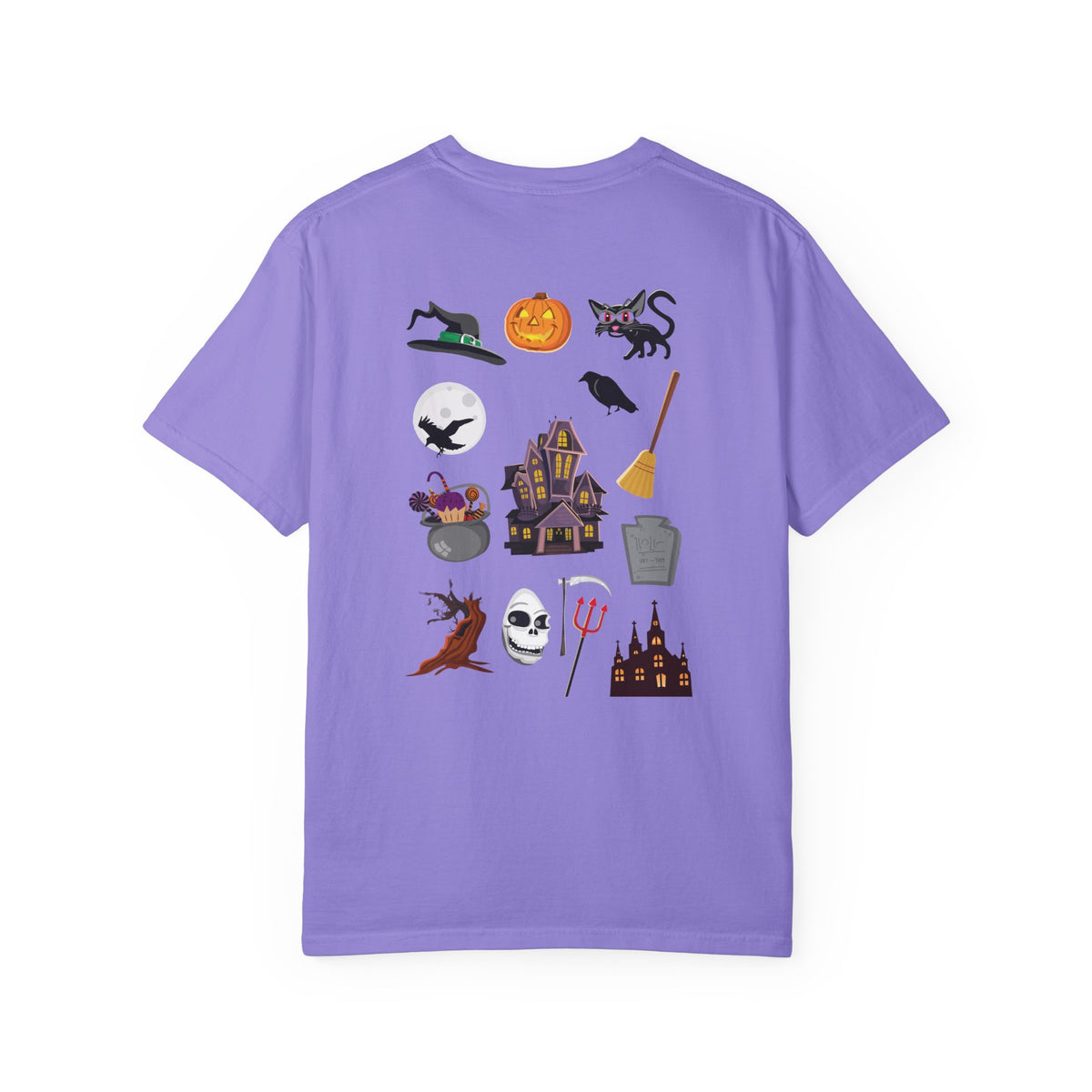Halloween Icons T-Shirt — "Happy Halloween" Graphic Tee with Spooky Back Illustrations