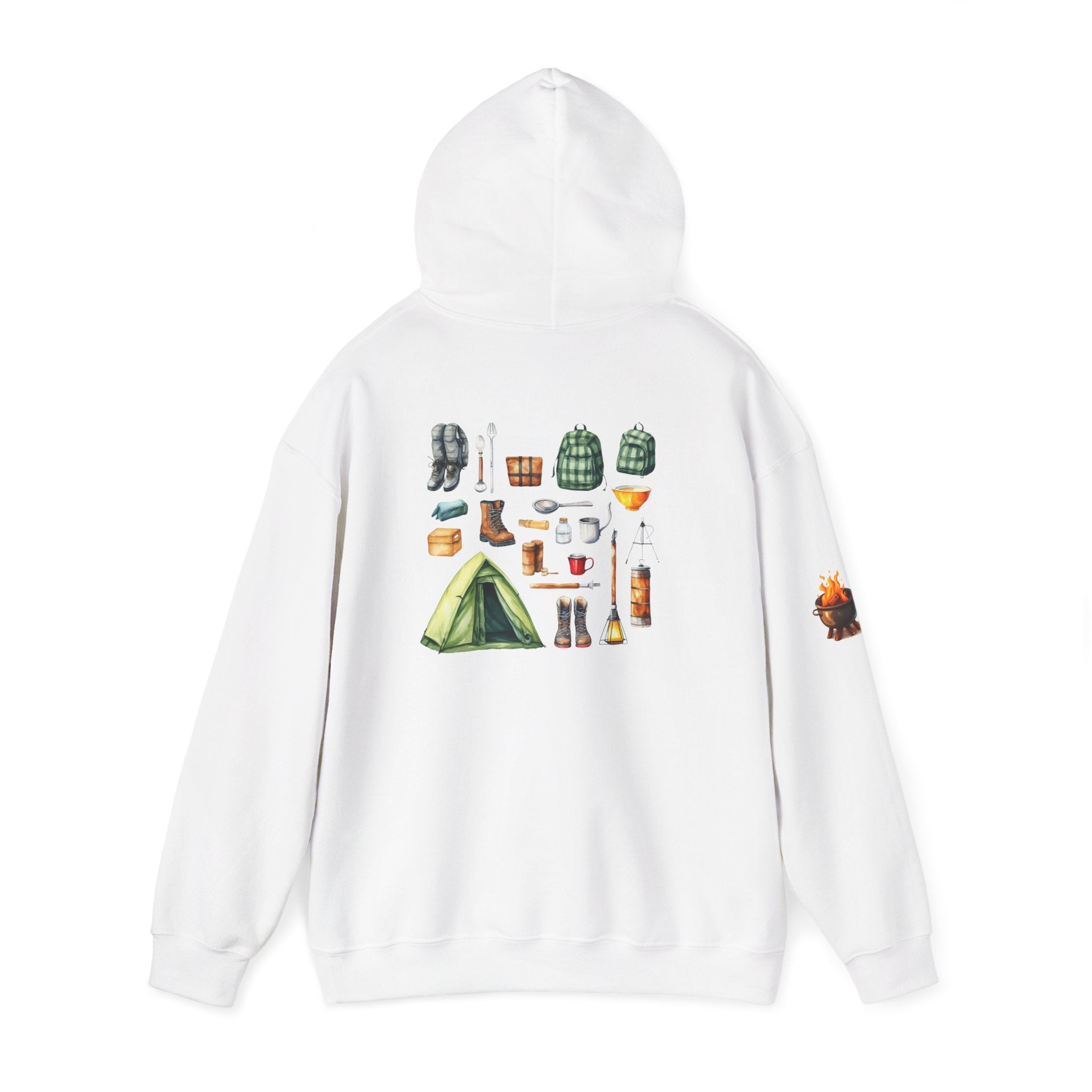 Camping Gear Hoodie  Tent, Boots, Lantern, Campfire Illustration