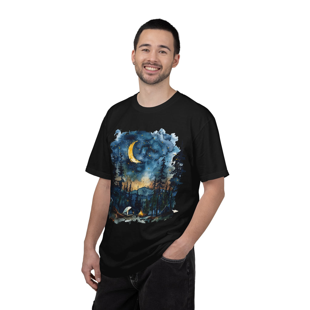 Moonlit Campsite T-shirt | Forest Night Sky, Crescent Moon