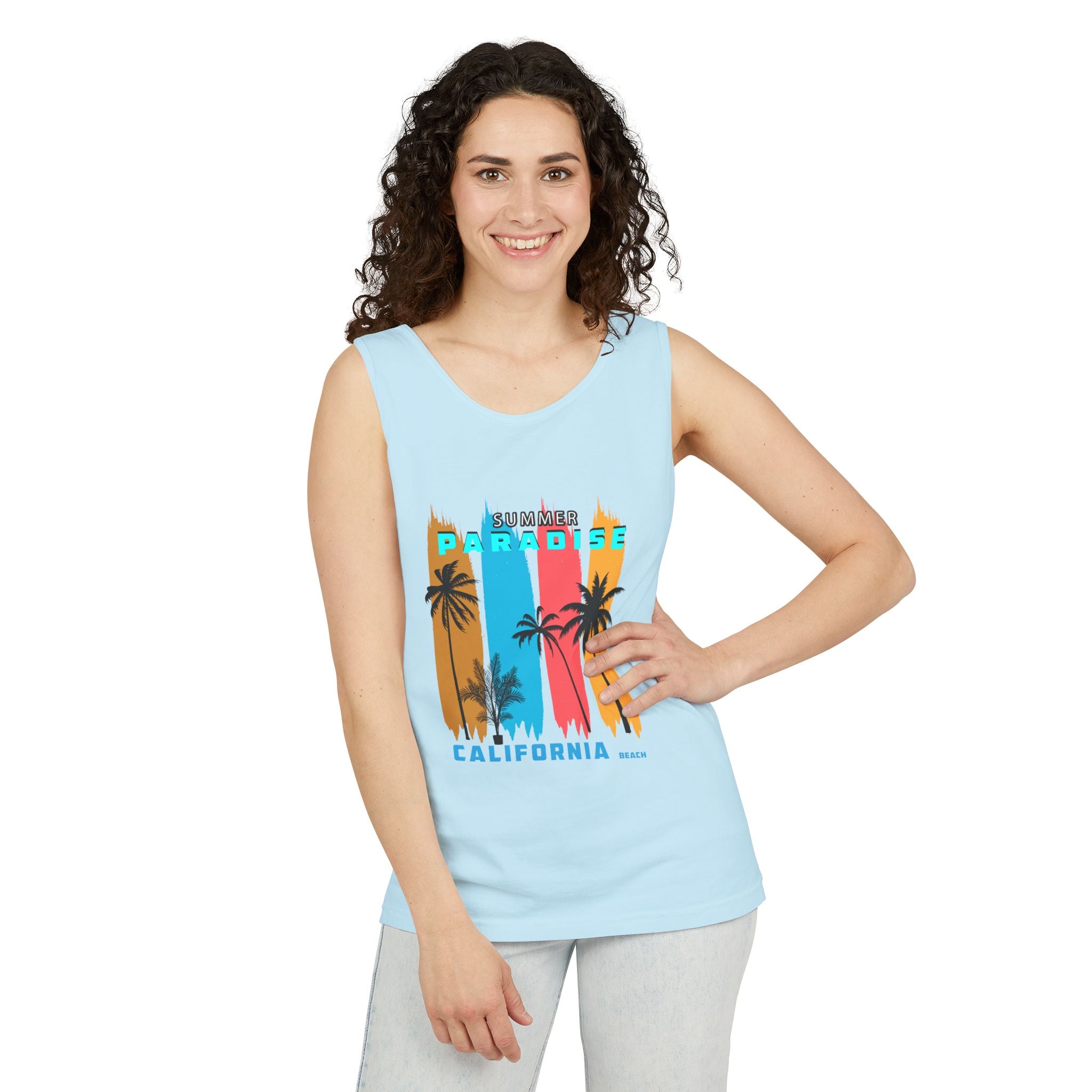 California Paradise Palm Tank Top Retro Beach Sunset Graphic