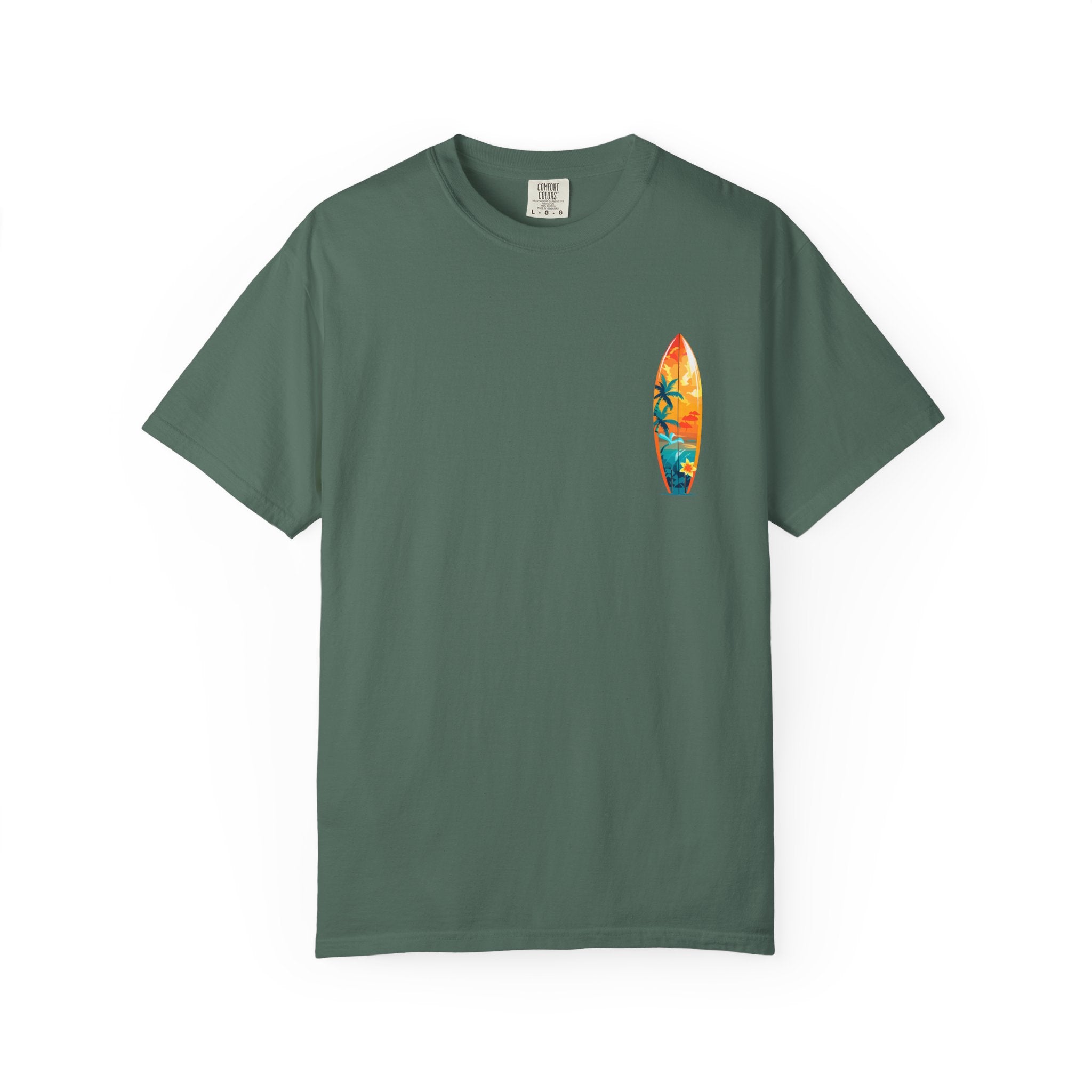 Surfing Tropical Board T-Shirt Beach Vibes Tee with Colorful Surfboard Design