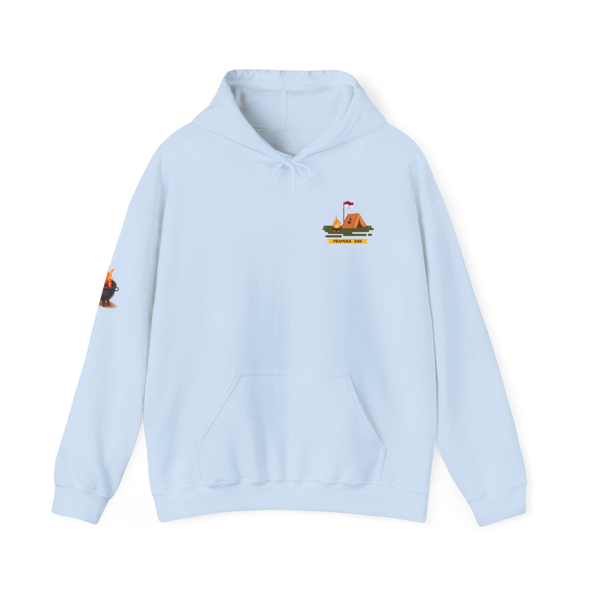 Camping Gear Hoodie  Tent, Boots, Lantern, Campfire Illustration