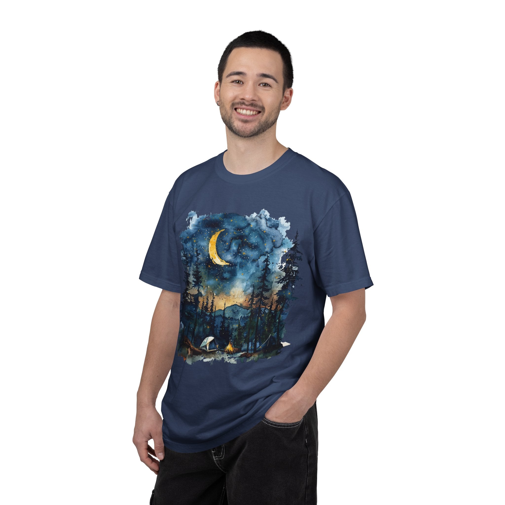 Moonlit Campsite T-shirt | Forest Night Sky, Crescent Moon