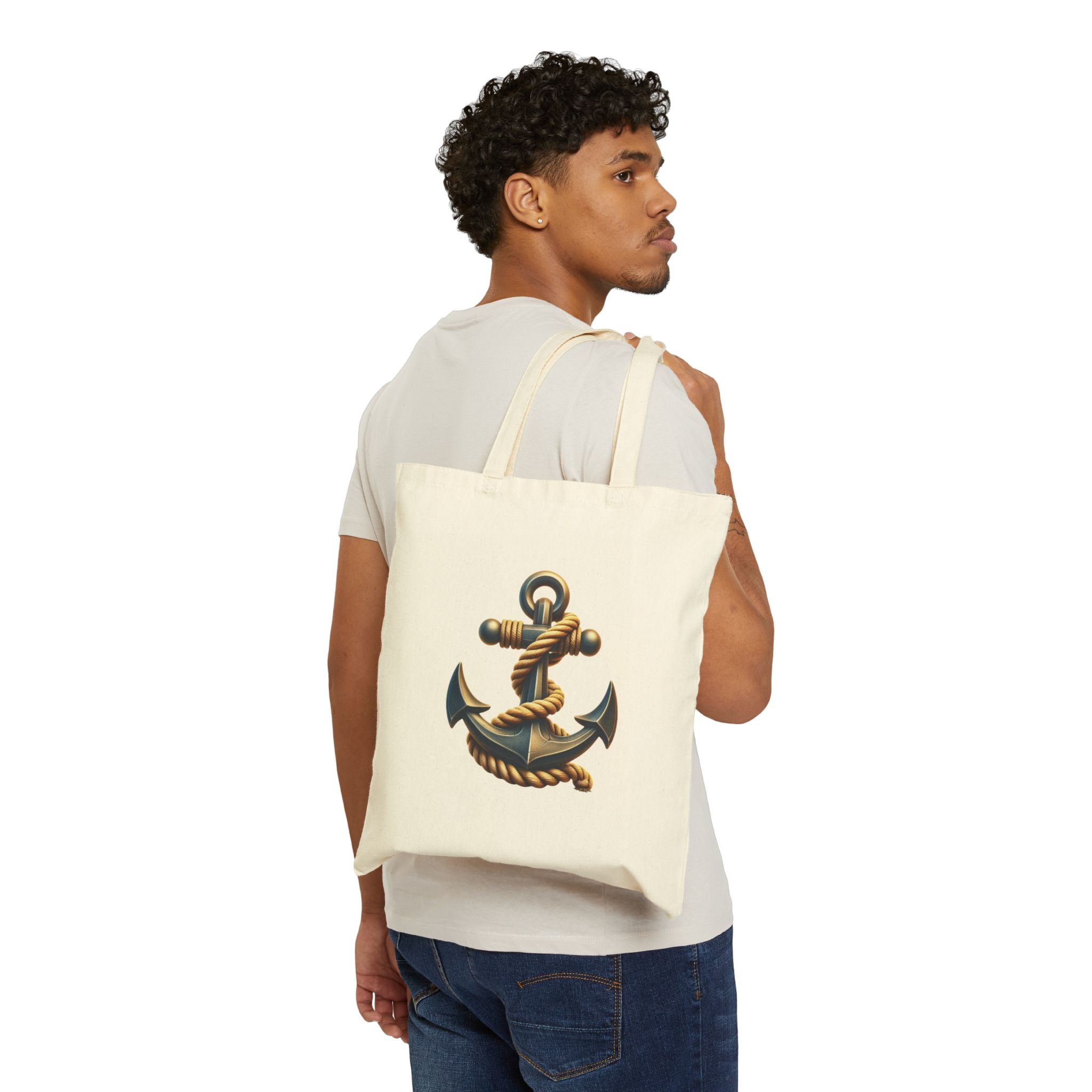 Nautical Compass & Anchor Cotton Tote  Vintage Seafaring Canvas Bag