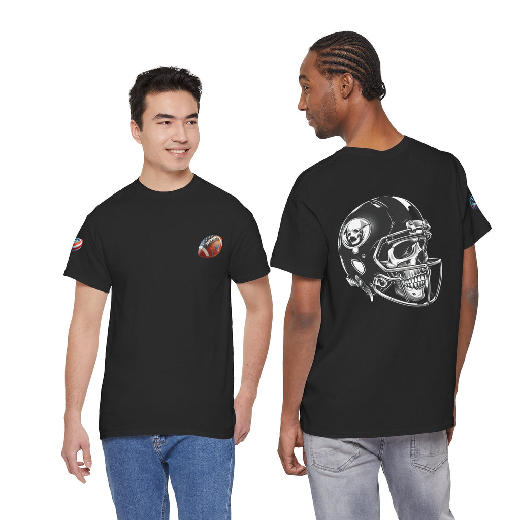 Skull Helmet Football Tee — Grunge Athletic Graphic T‑Shirt